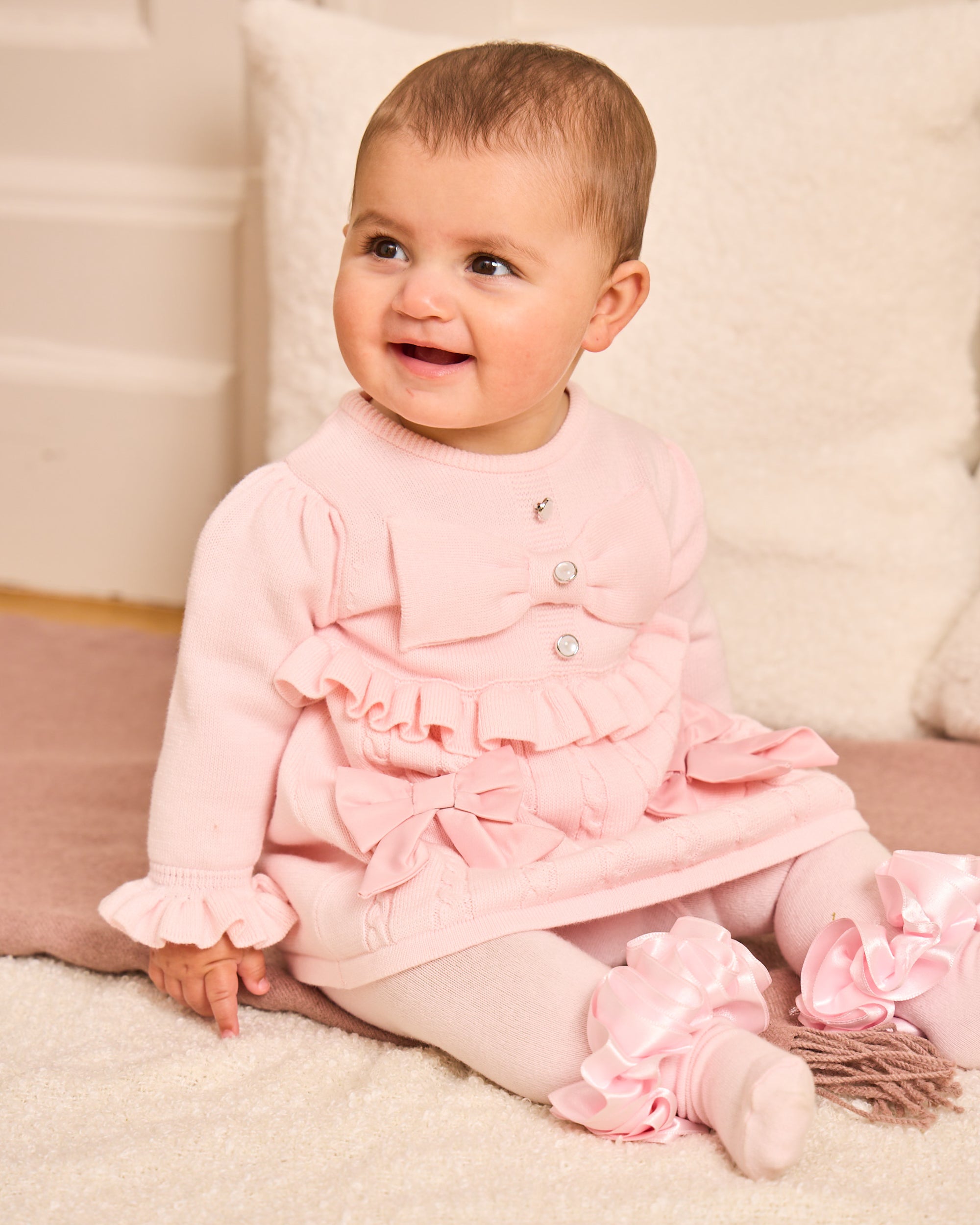 Pink Knitted Bow Dress with Frill Detail