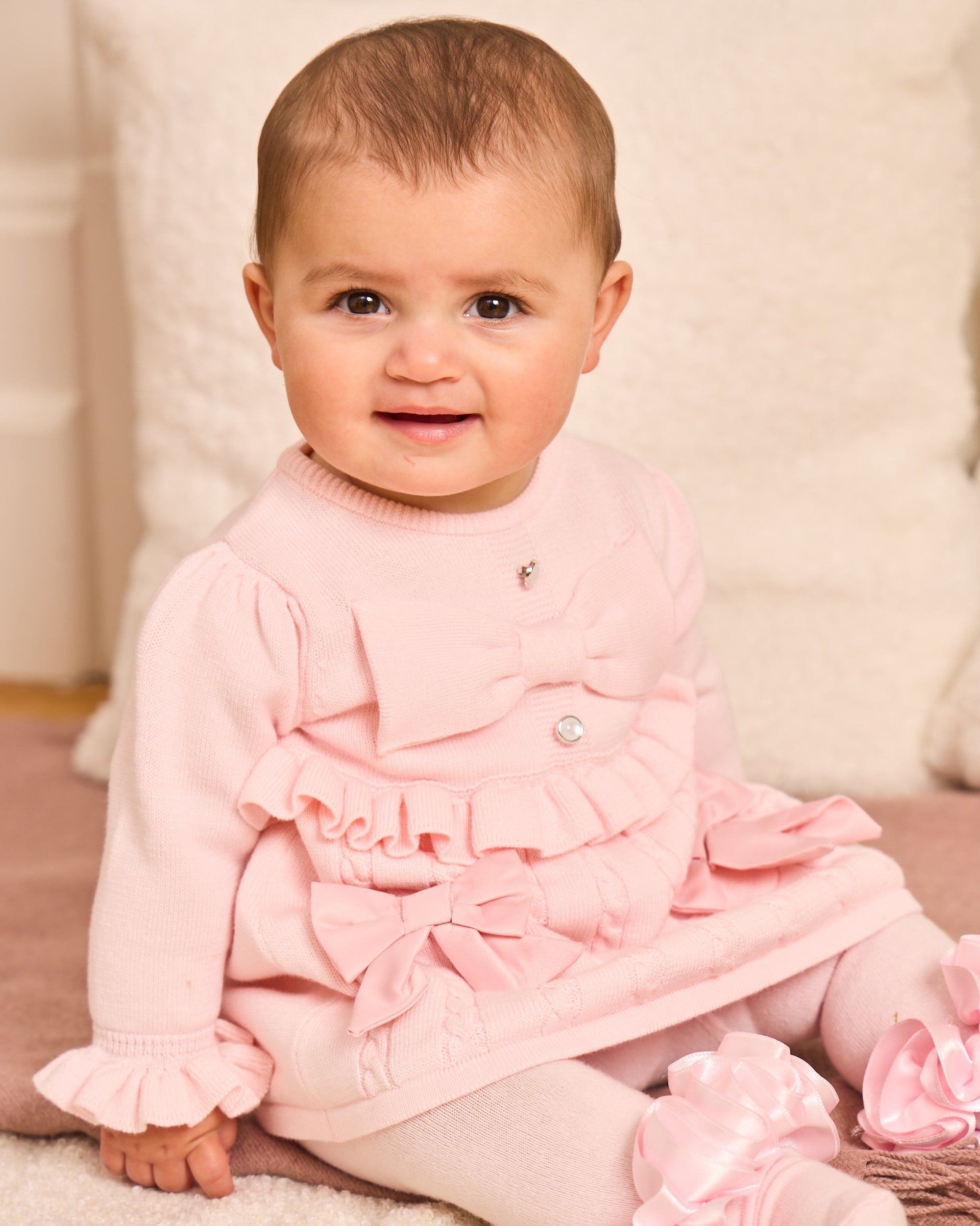 Pink Knitted Bow Dress with Frill Detail