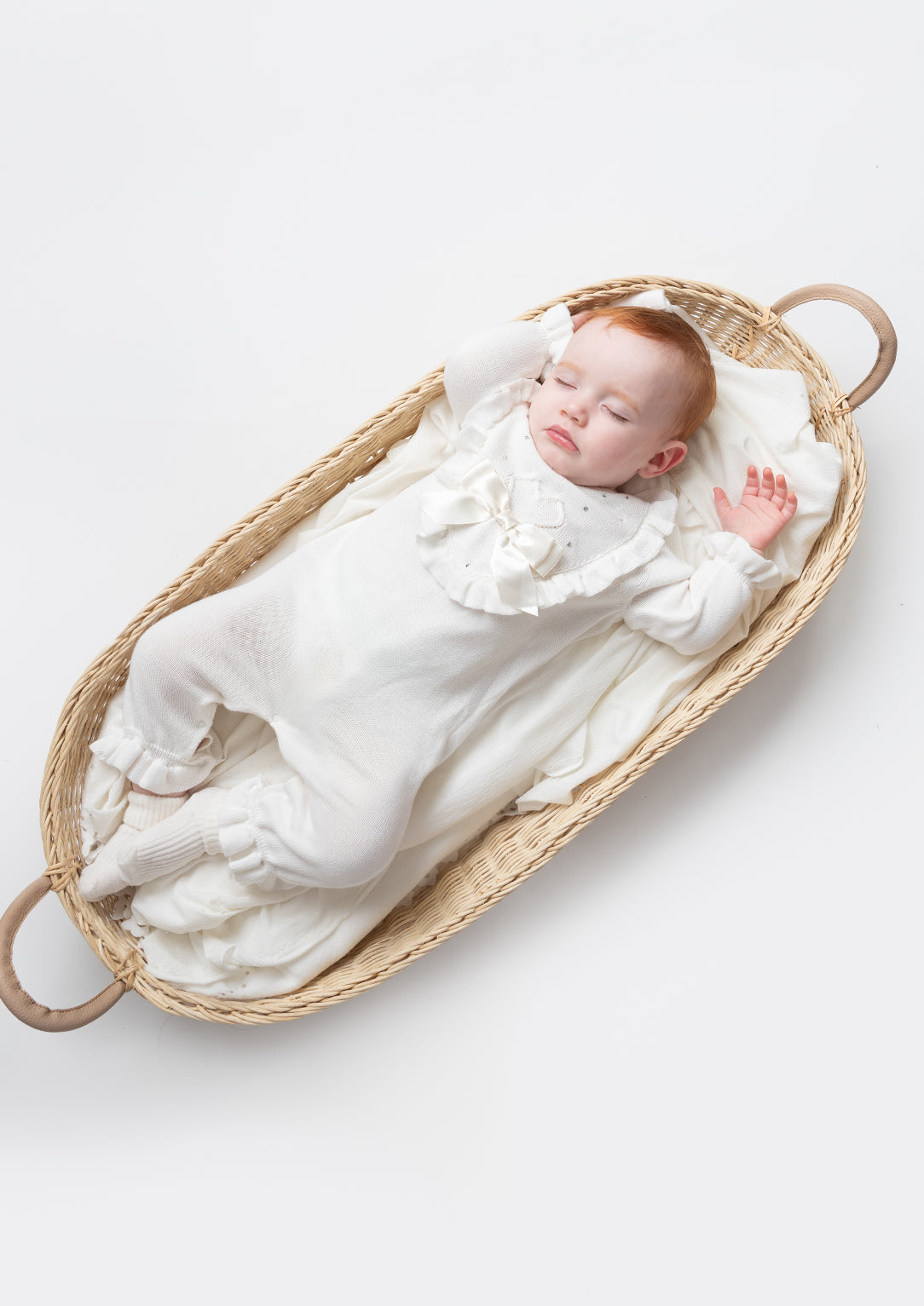 Ivory Knitted Baby Romper with Ruffled Bib and Bow