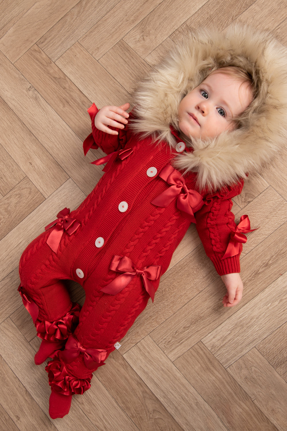 Red Knitted Baby Snowsuit with Fur Hood and Satin Bows