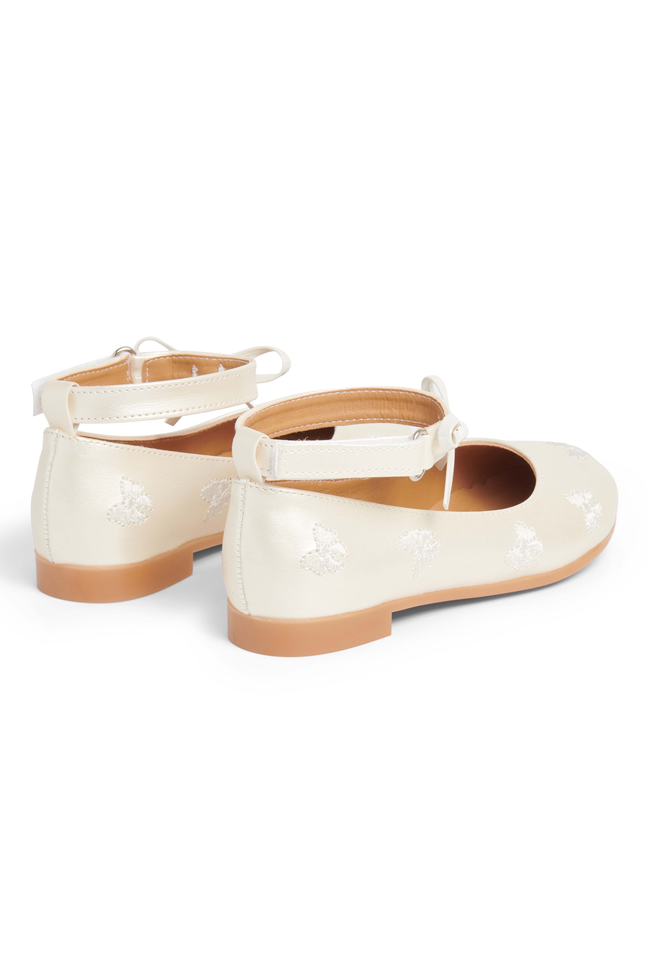 Ivory Ankle Strap Bow Embroidery Ballerina Shoes