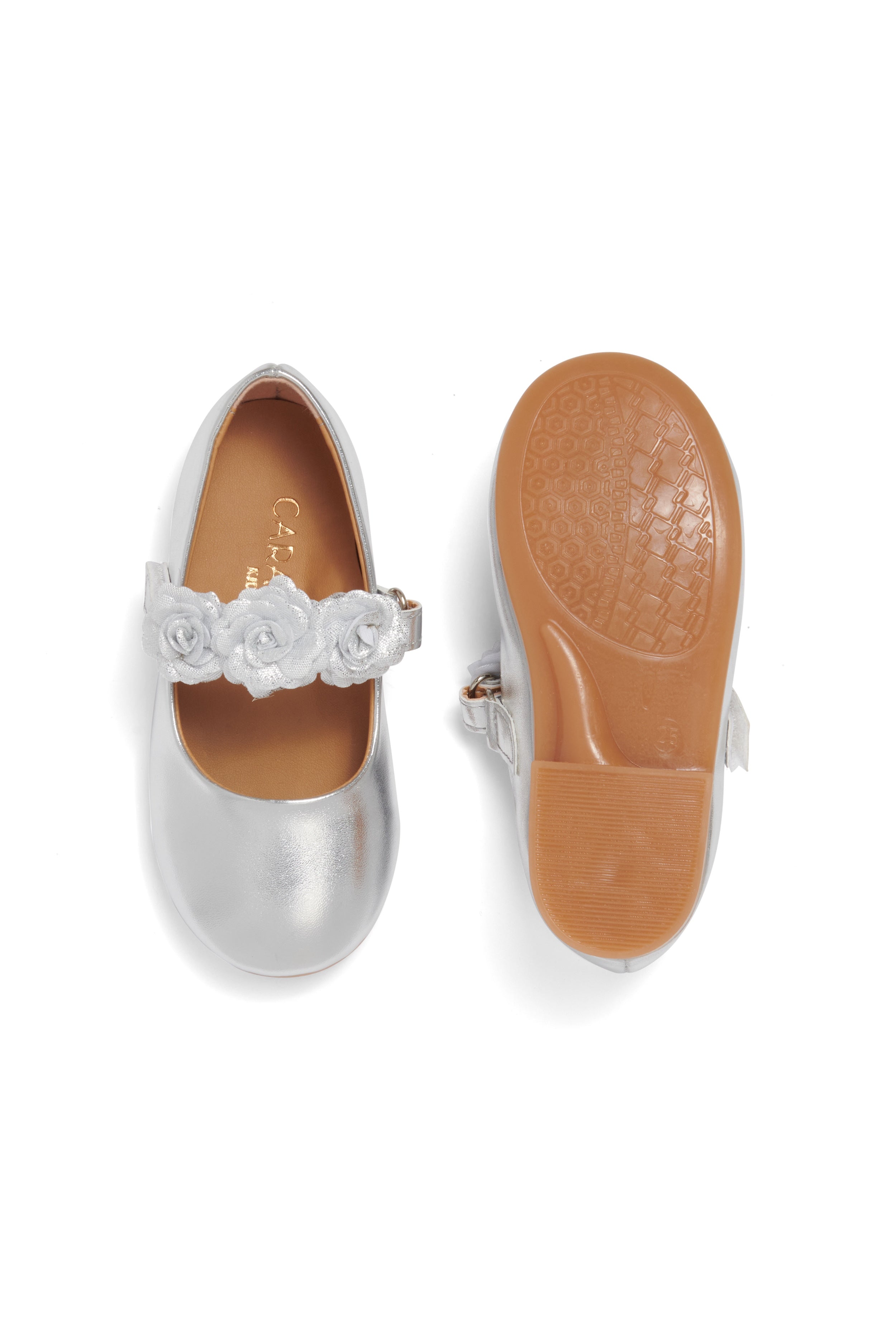 Silver Floral Strap Ballerina Shoes