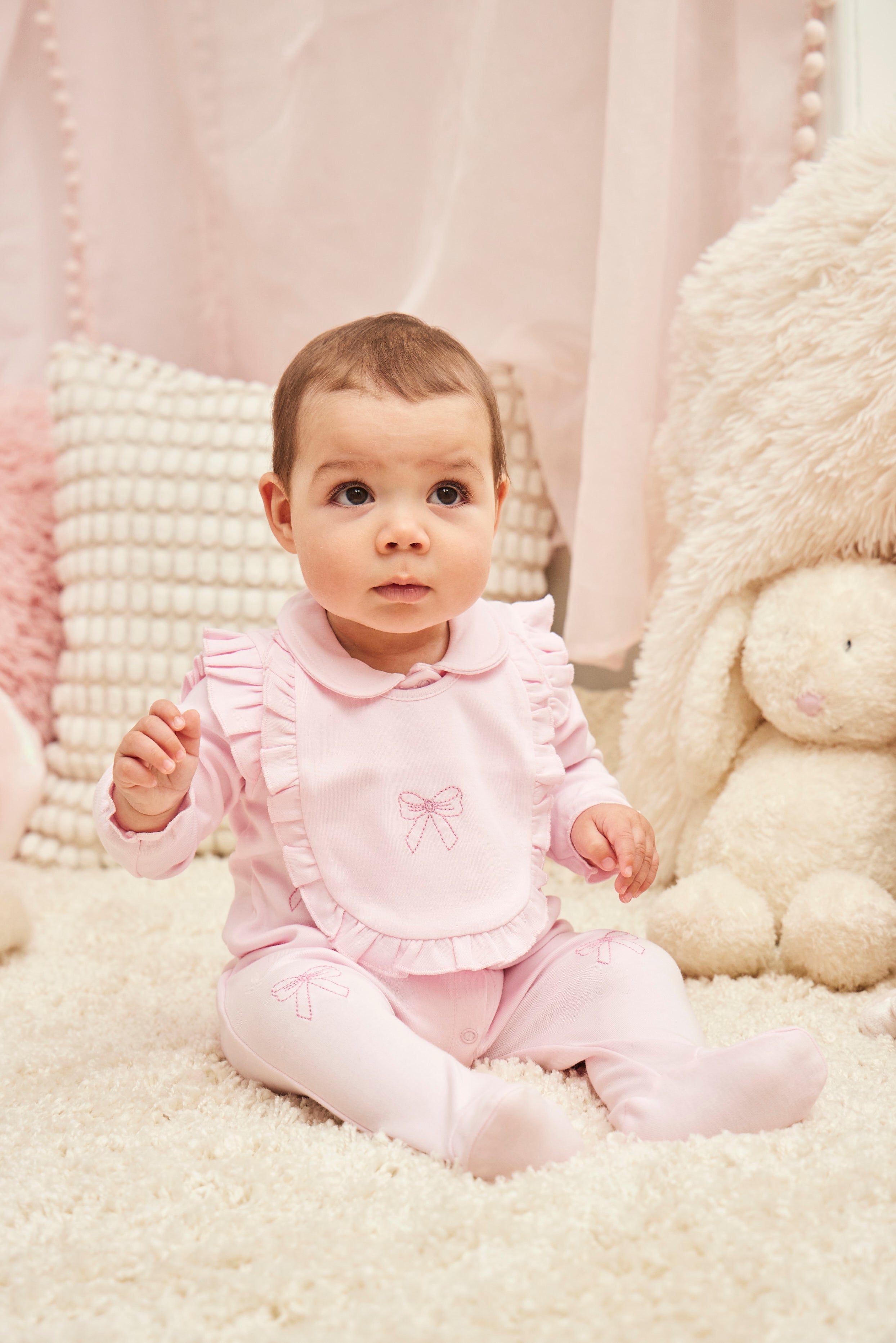 Pink Babygrow with Bow Embroidery and Matching Bib