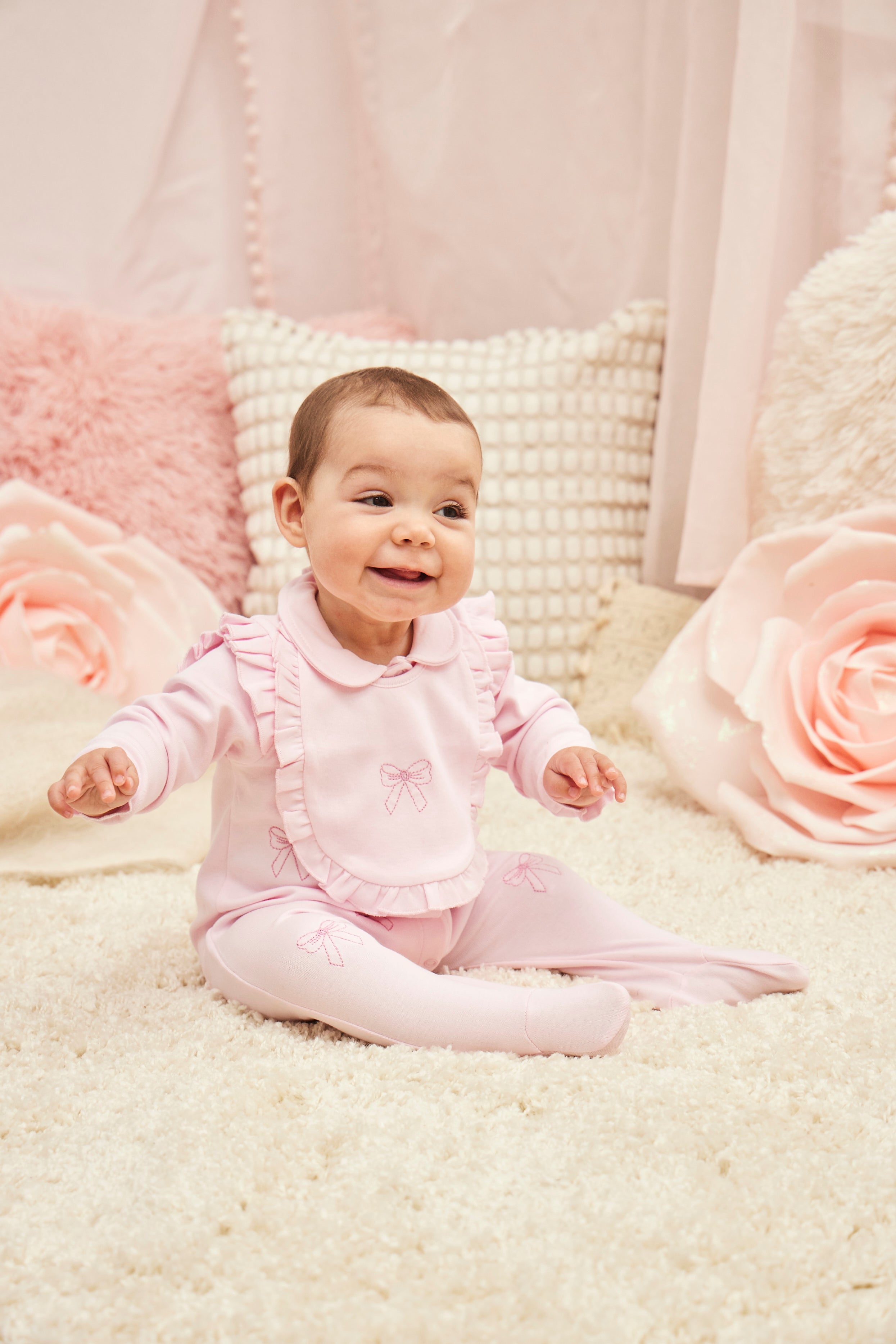 Pink Babygrow with Bow Embroidery and Matching Bib