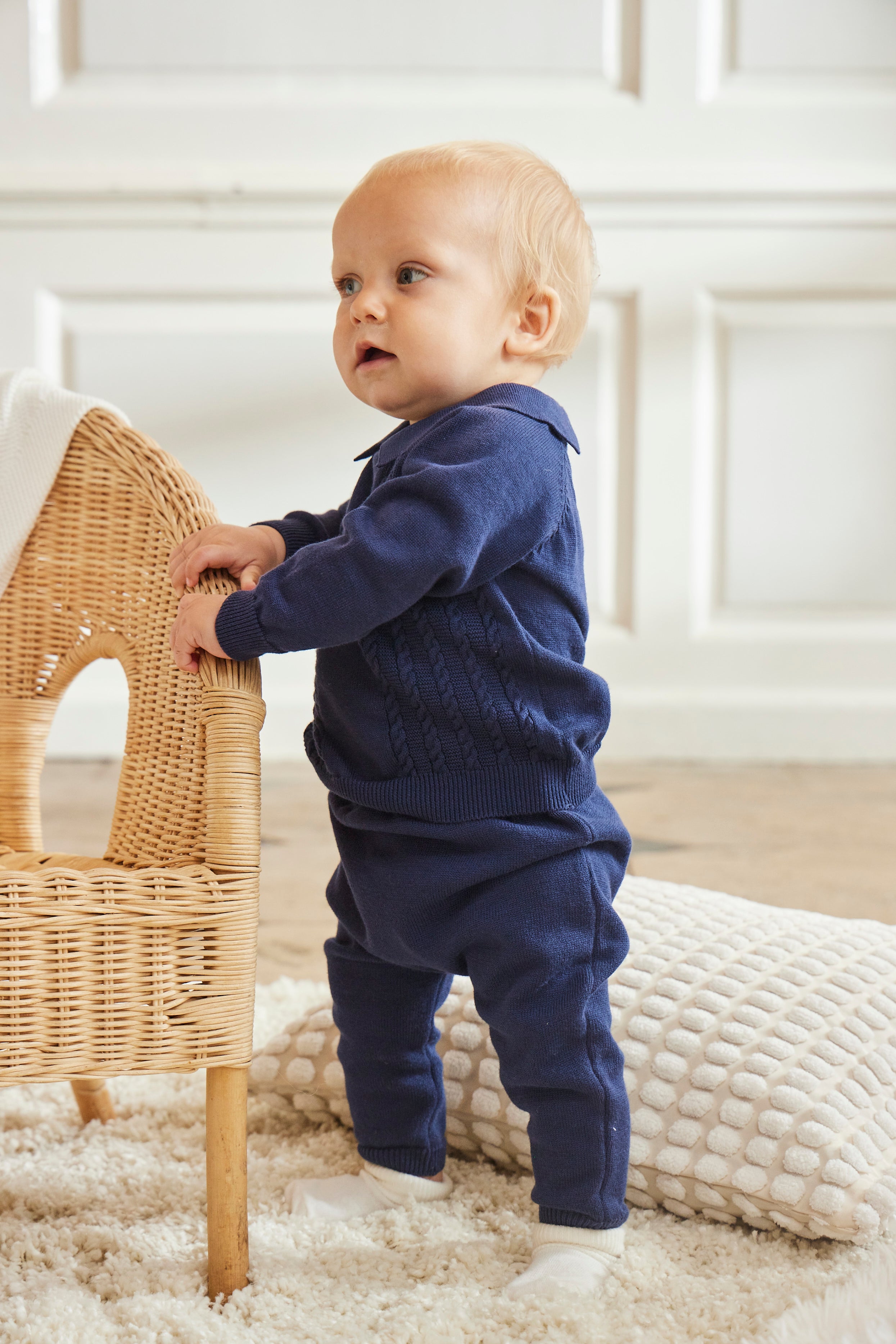 Navy Knitted Set with Cable Design