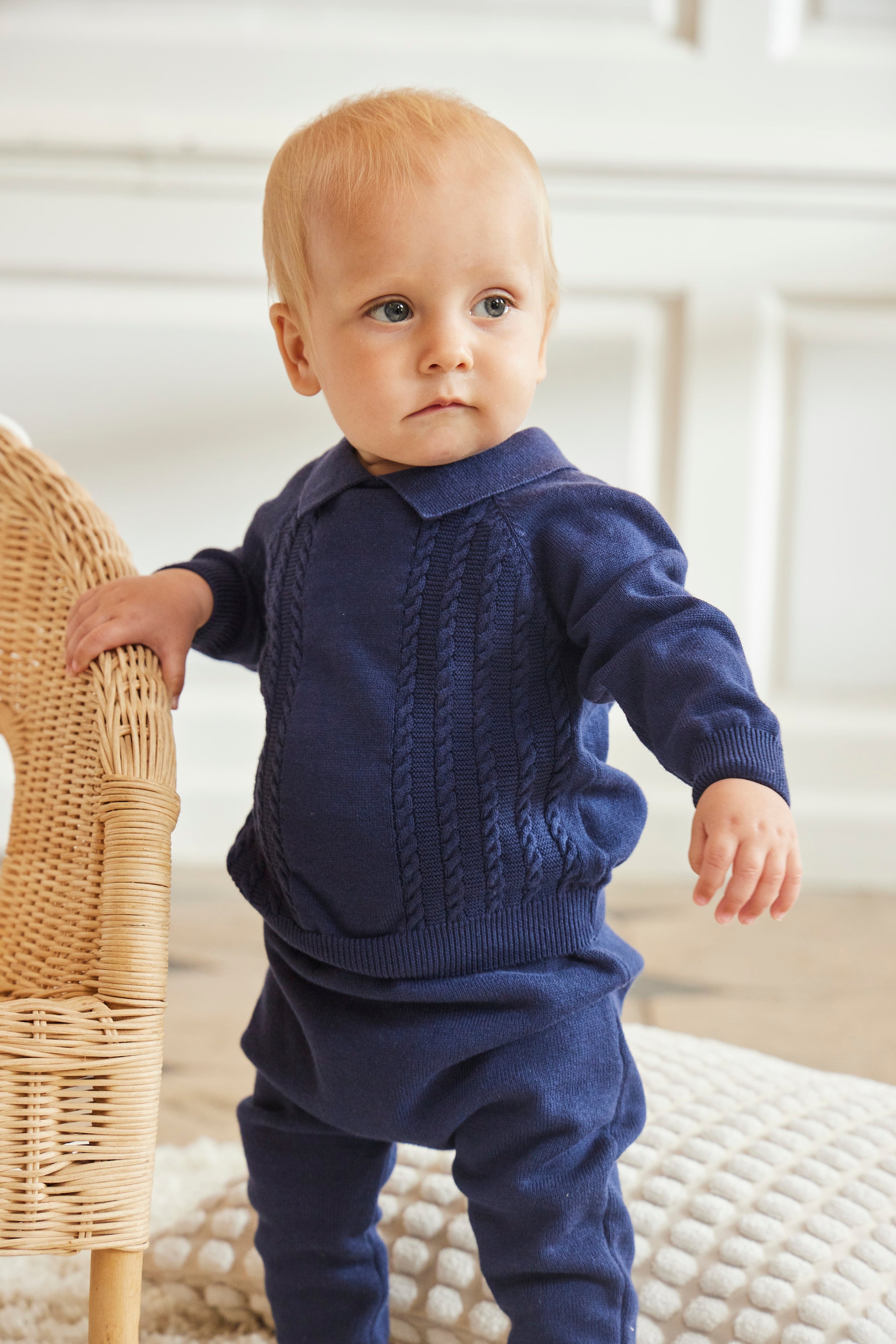 Navy Knitted Set with Cable Design