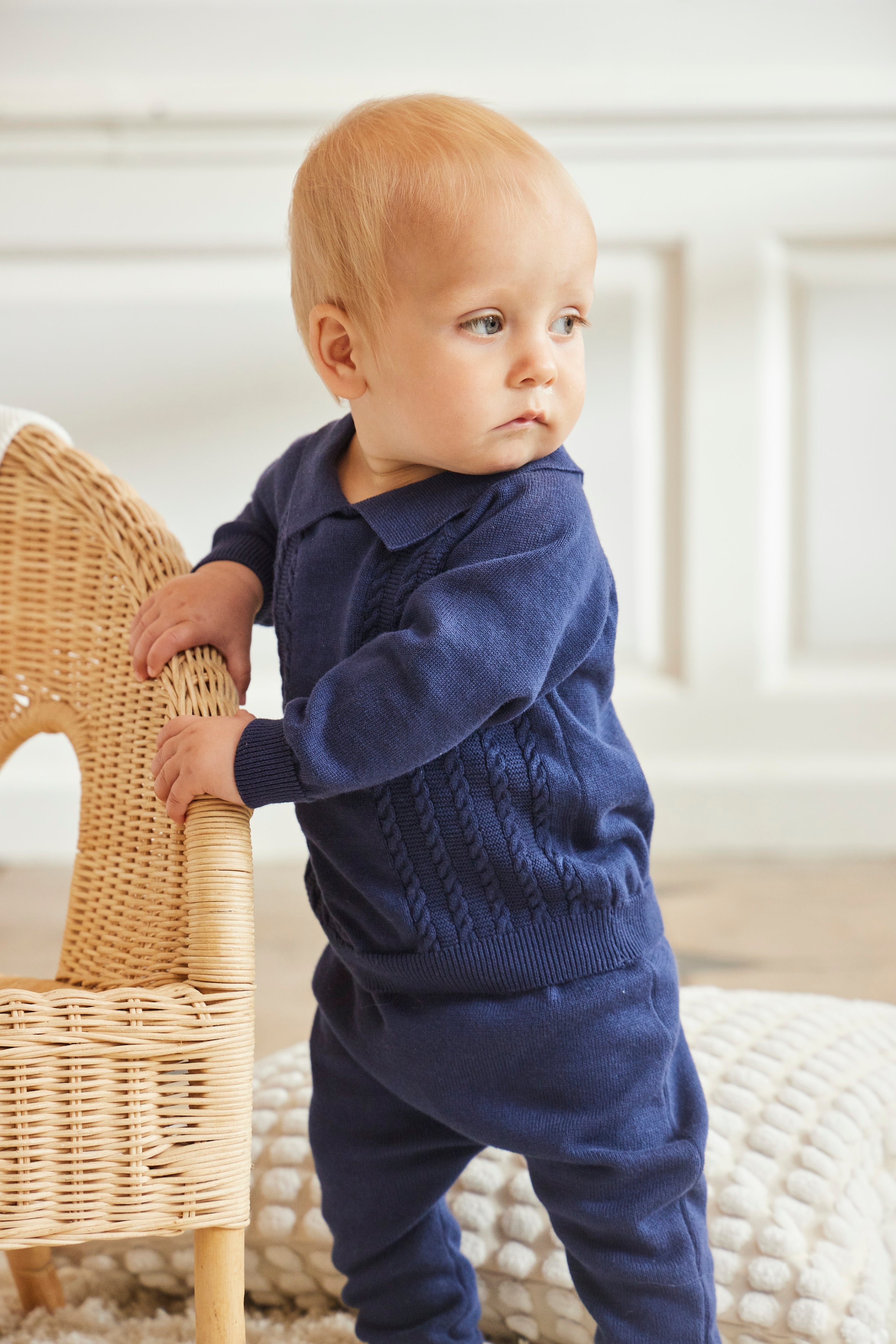 Navy Knitted Set with Cable Design