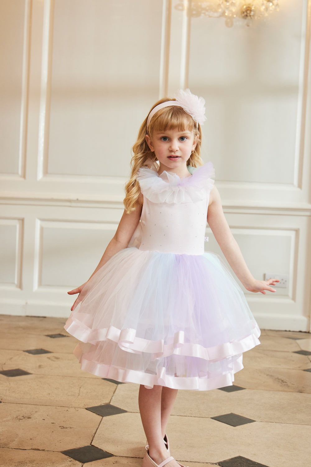 Pastel Rainbow Tulle Dress with Satin Trim