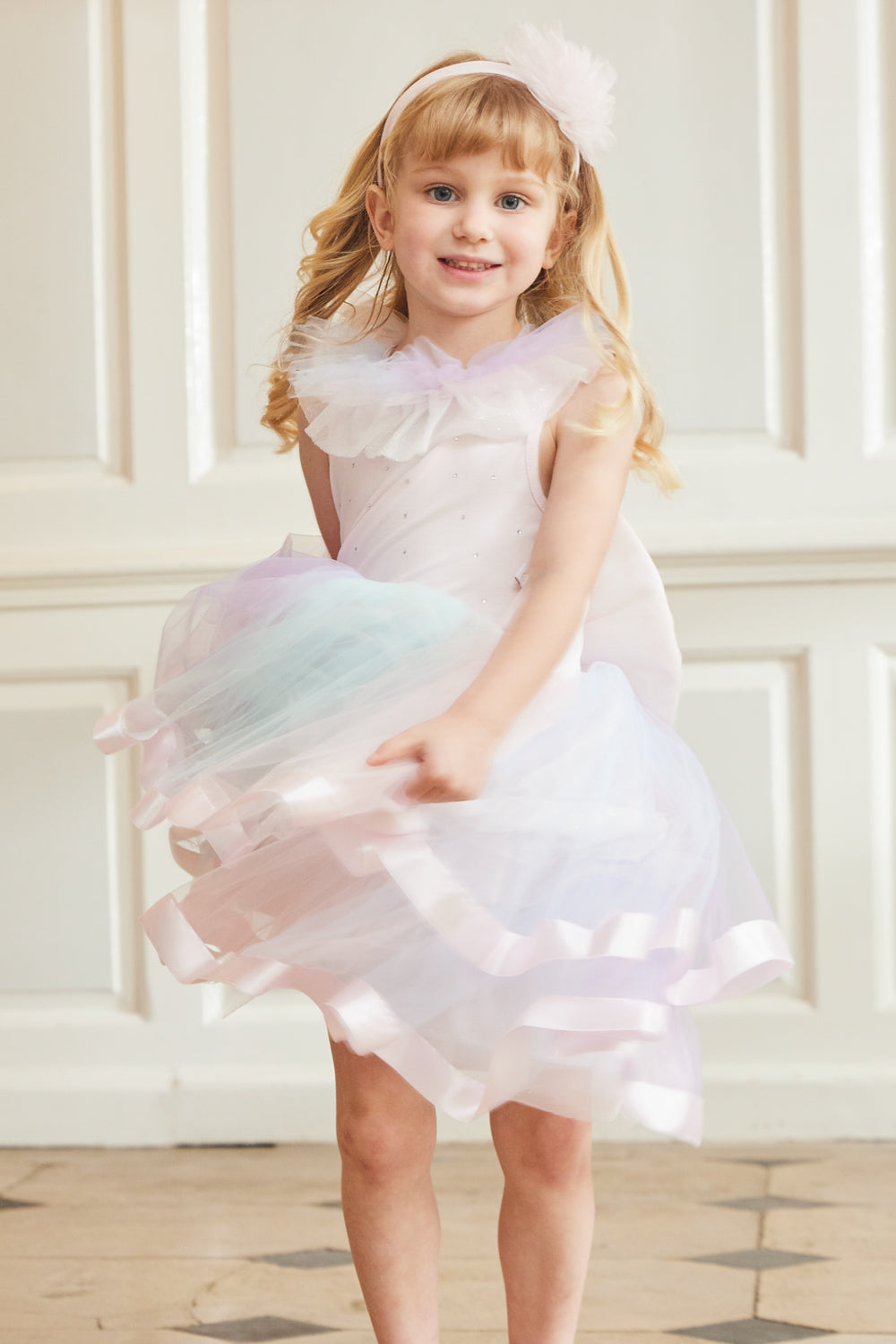 Pastel Rainbow Tulle Dress with Satin Trim