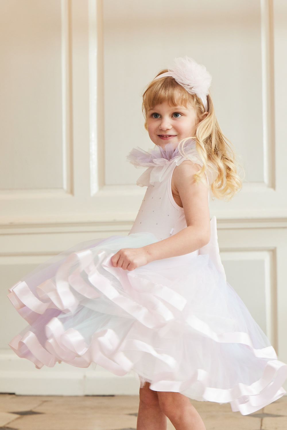 Pastel Rainbow Tulle Dress with Satin Trim