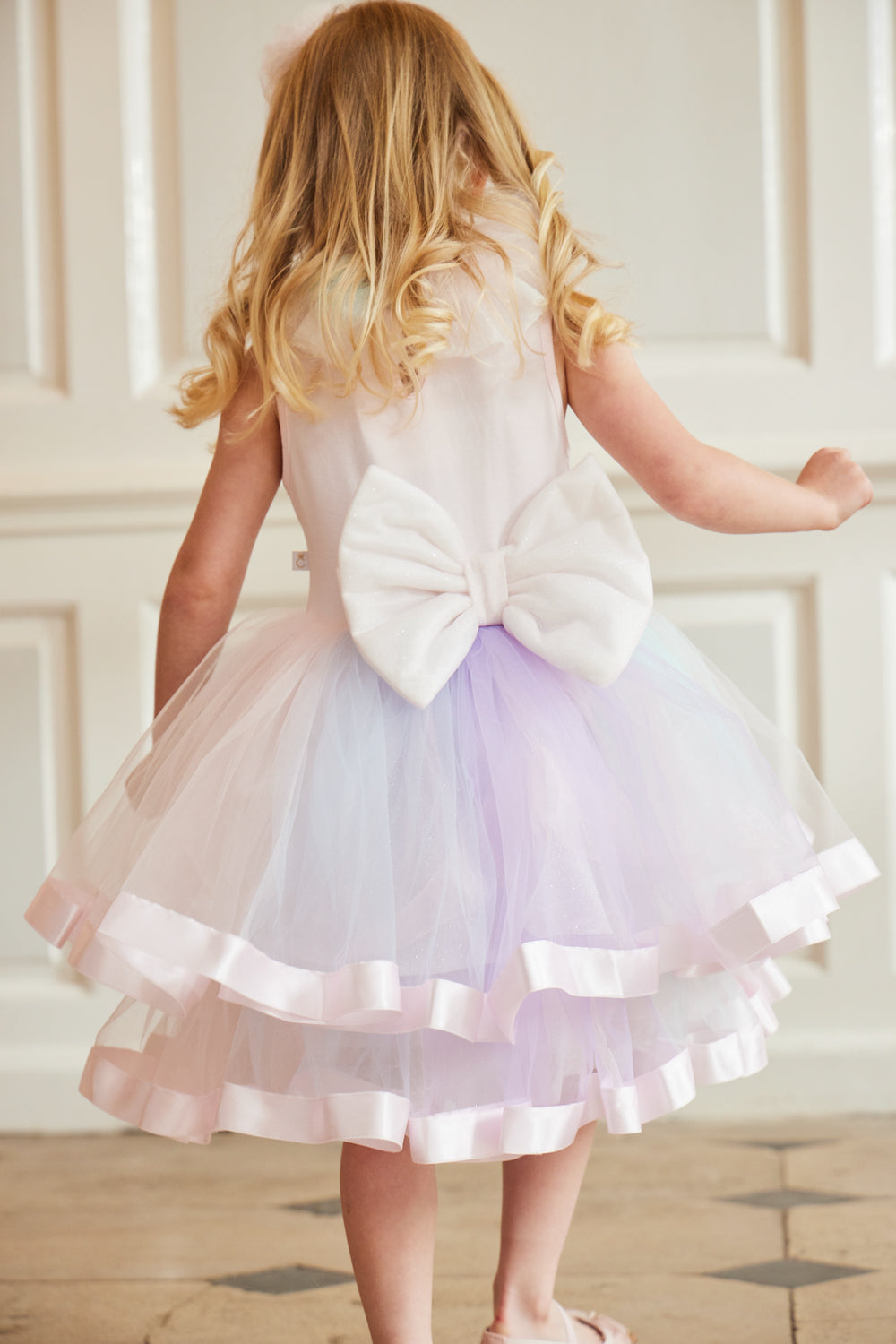 Pastel Rainbow Tulle Dress with Satin Trim