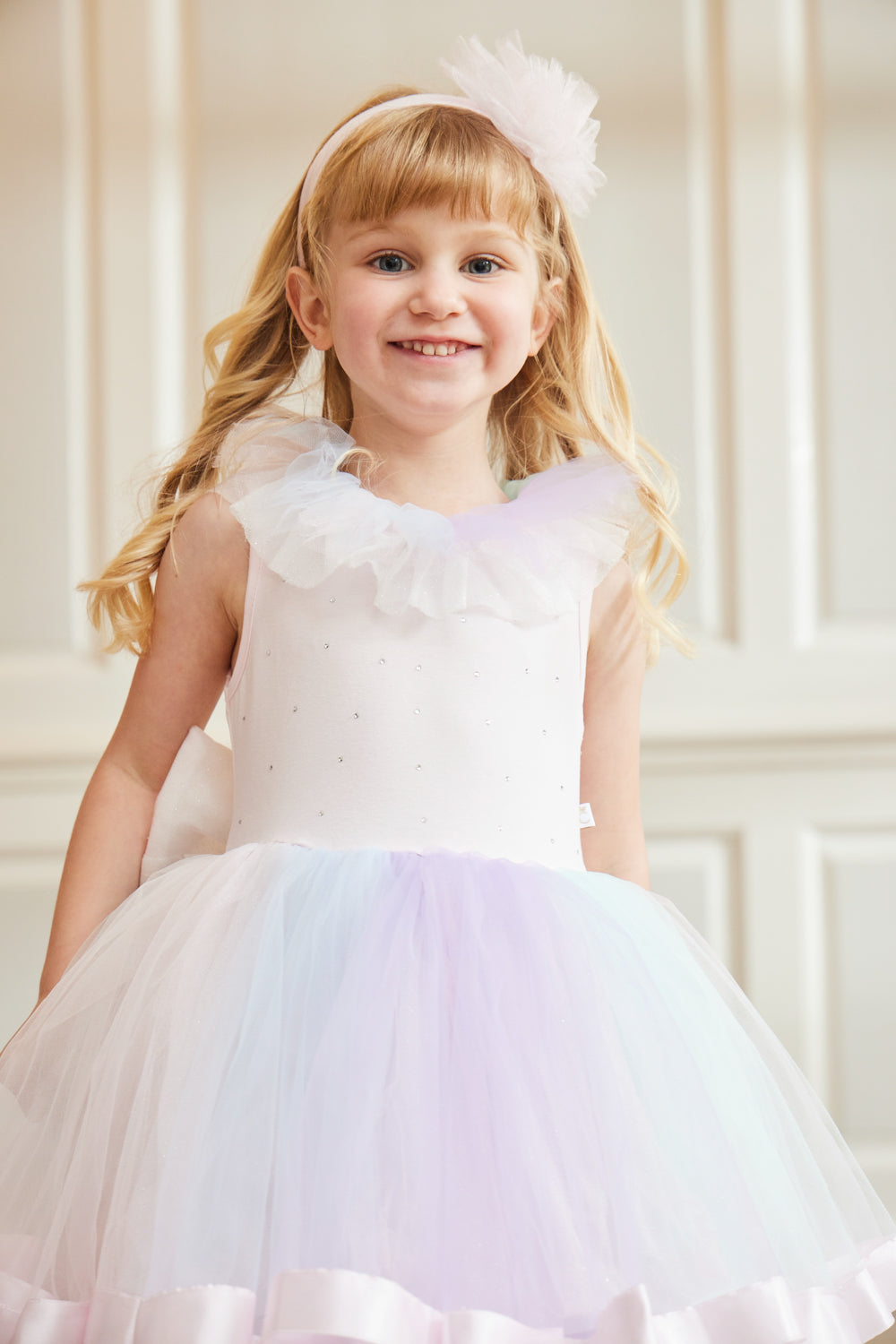 Pastel Rainbow Tulle Dress with Satin Trim