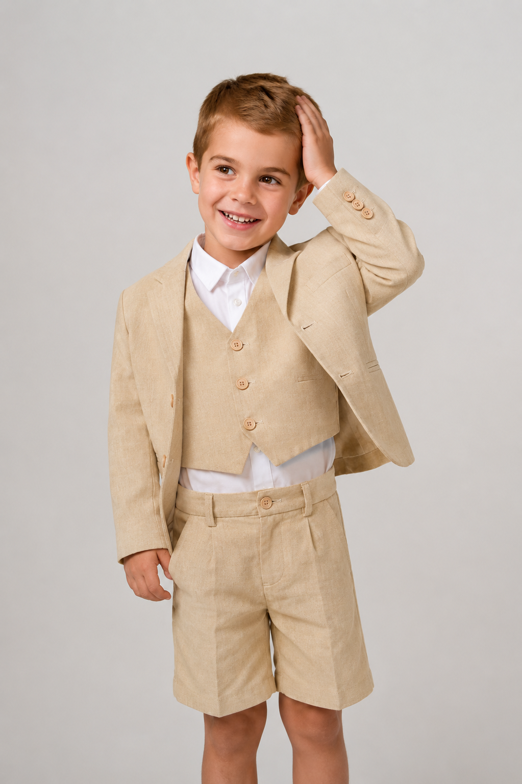 Beige Boys' Linen Blend 3-Piece Suit Set