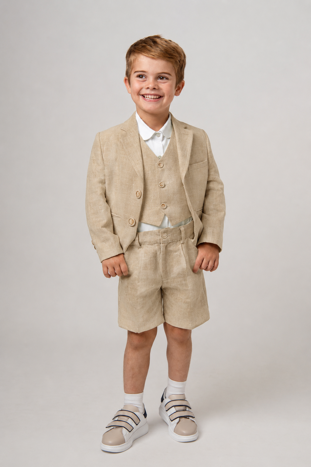 Beige Boys' Linen Blend 3-Piece Suit Set