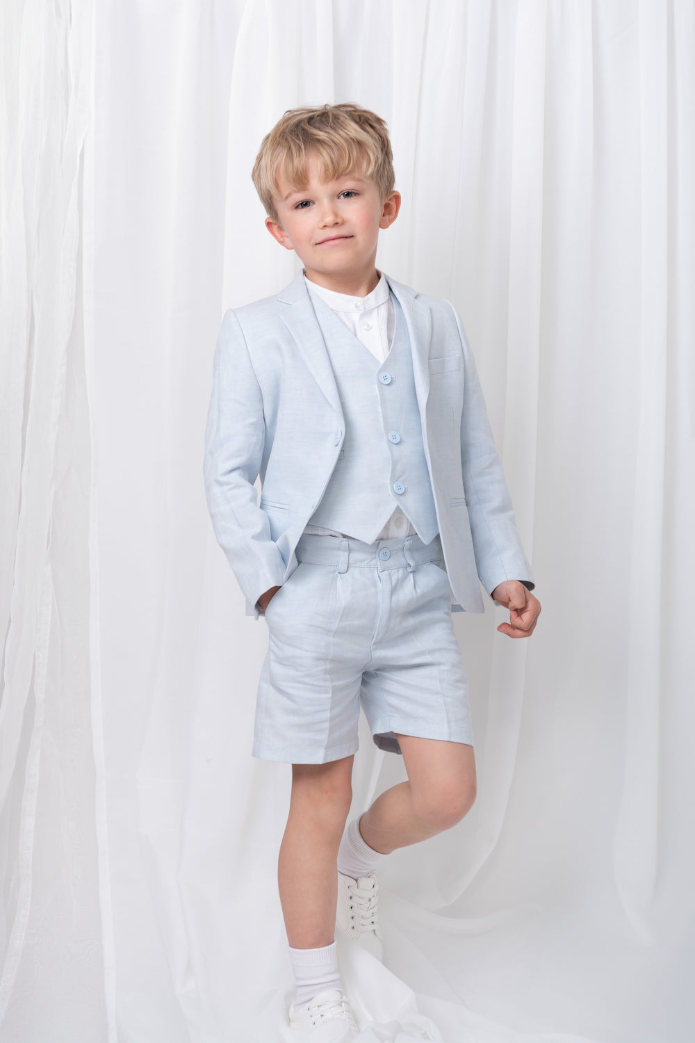 Sky Blue Boys' Linen Blend 3-Piece Suit Set