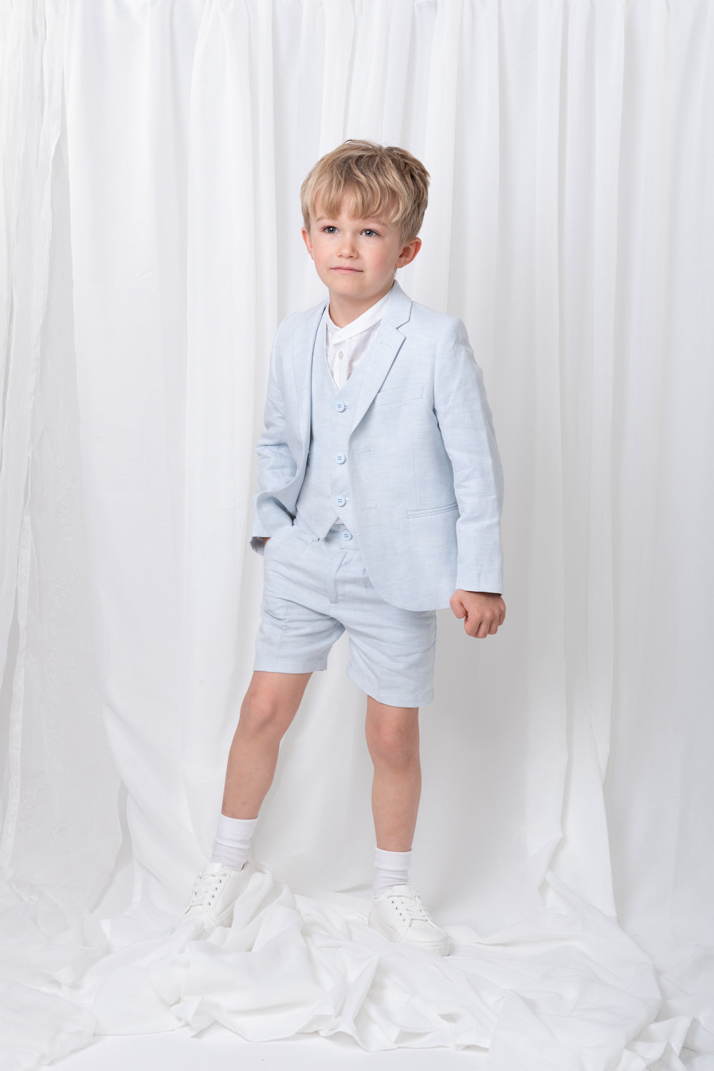 Sky Blue Boys' Linen Blend 3-Piece Suit Set
