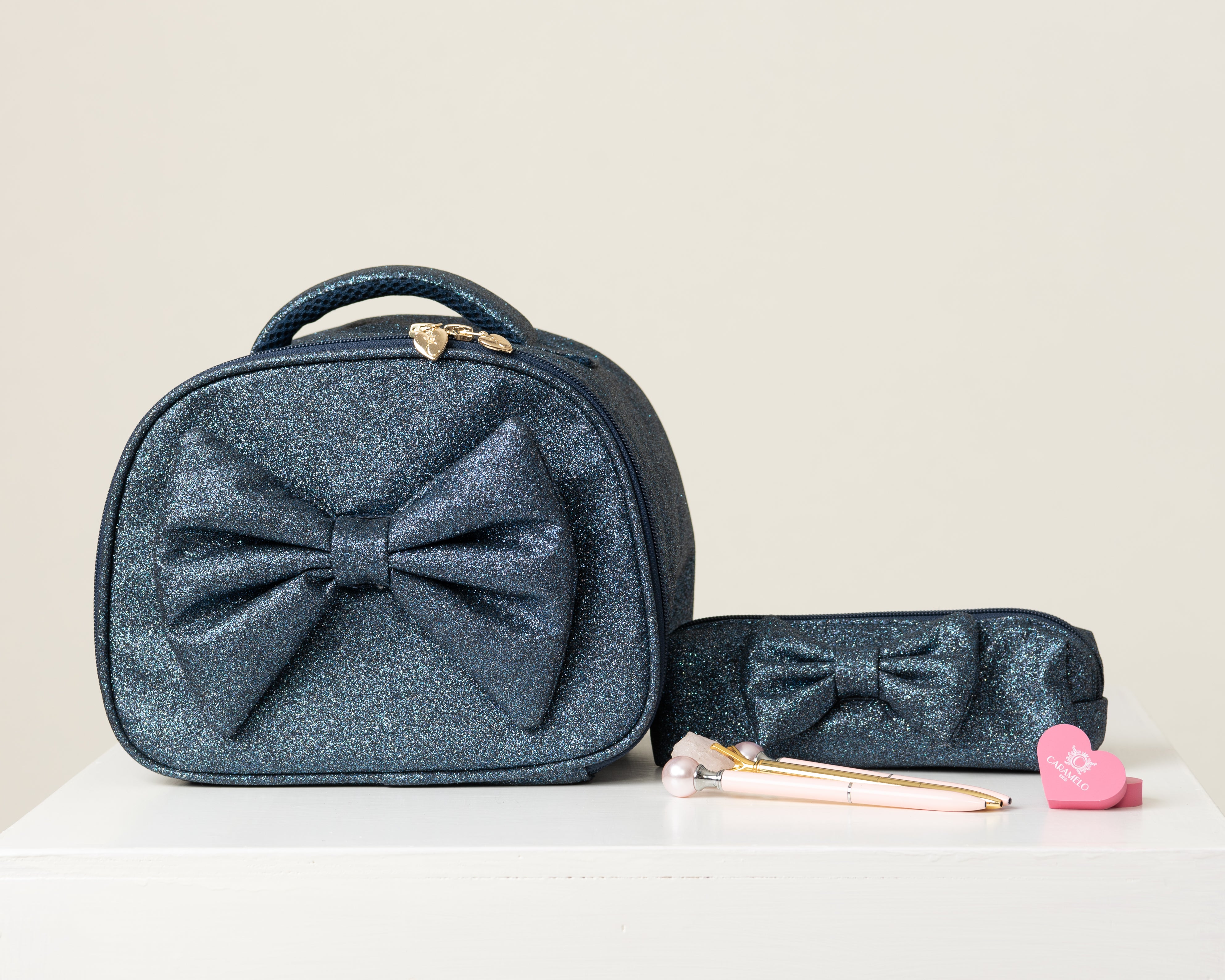 Navy Glitter Bow Pencil Case