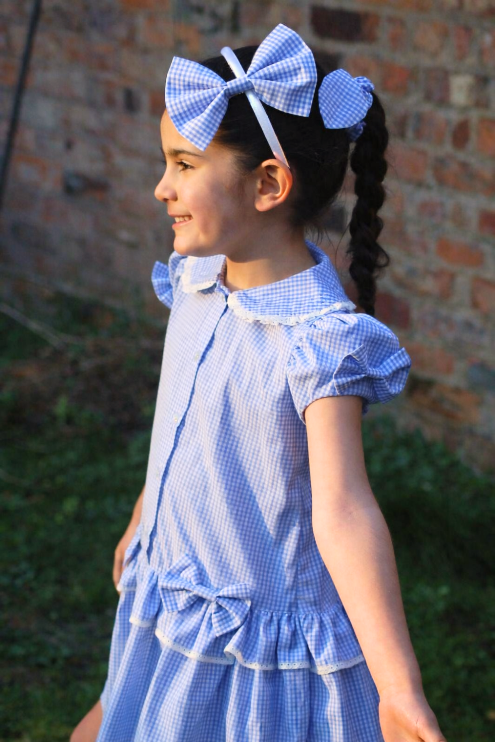 Blue Gingham Double Bow Dropped Waist School Dress