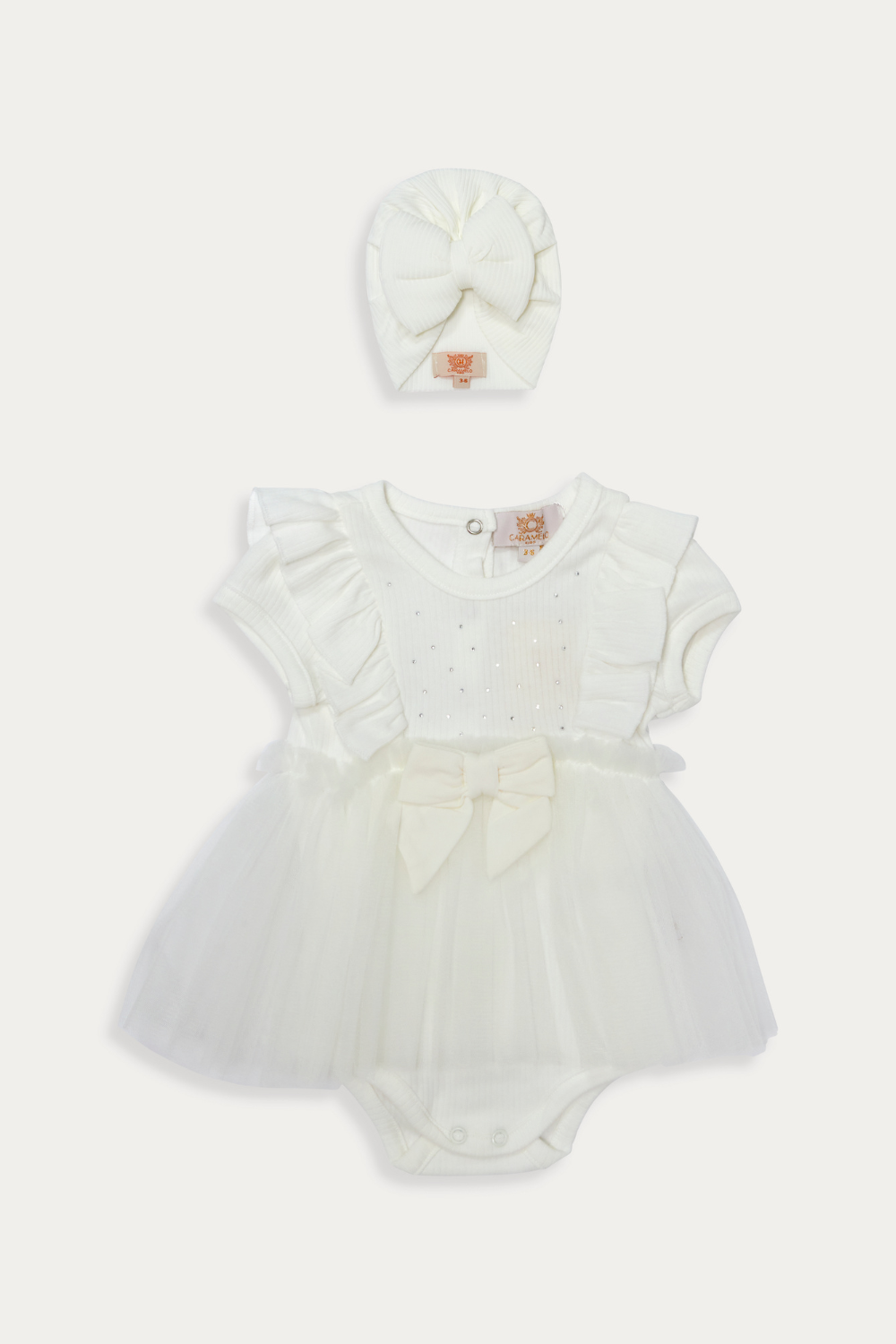 Ivory Tulle Baby Romper with Diamantes and Matching Hat