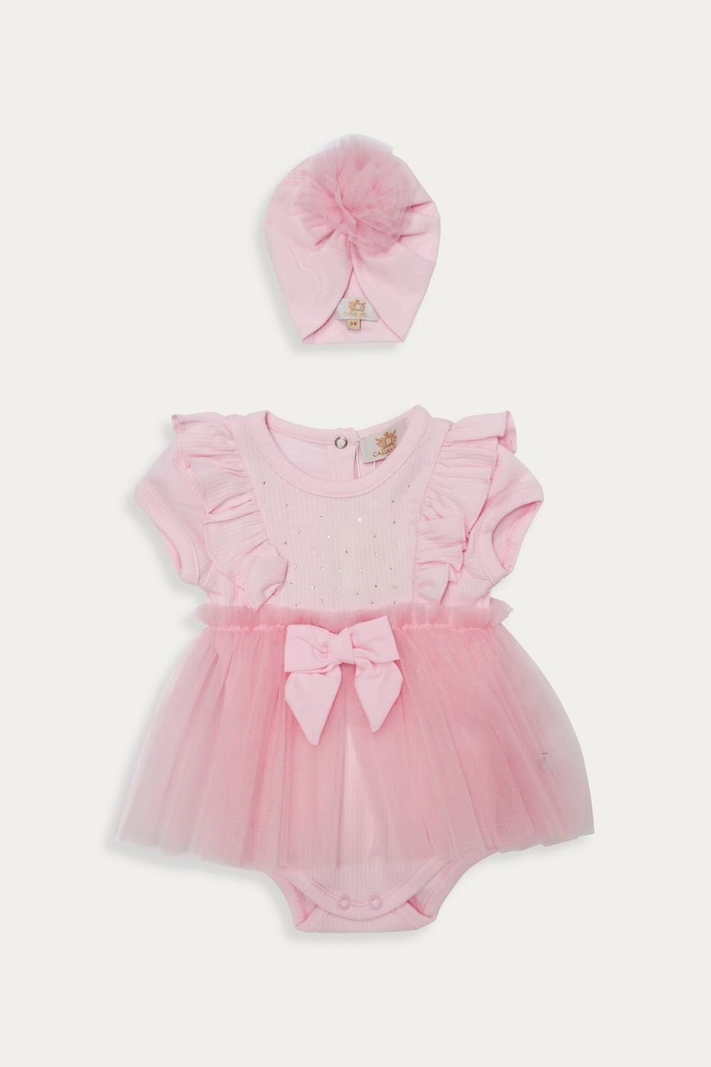 Pink Tulle Baby Romper with Diamantes and Matching Hat