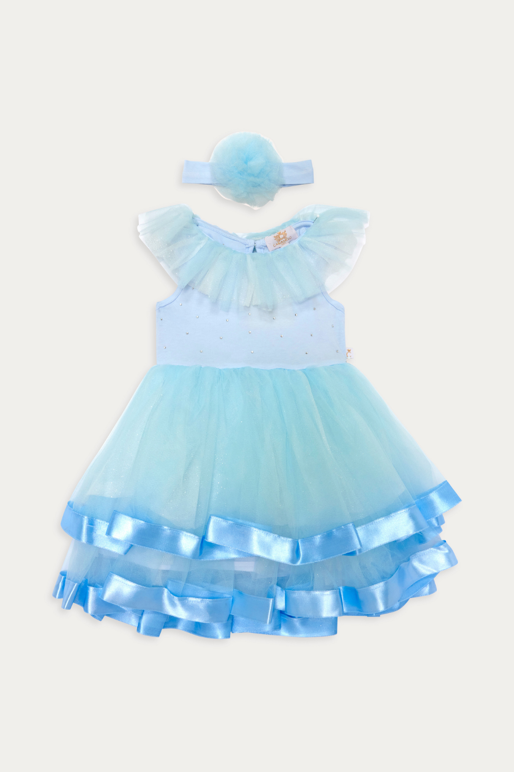 Sky Blue Tulle Dress with Satin Trim and Diamantes