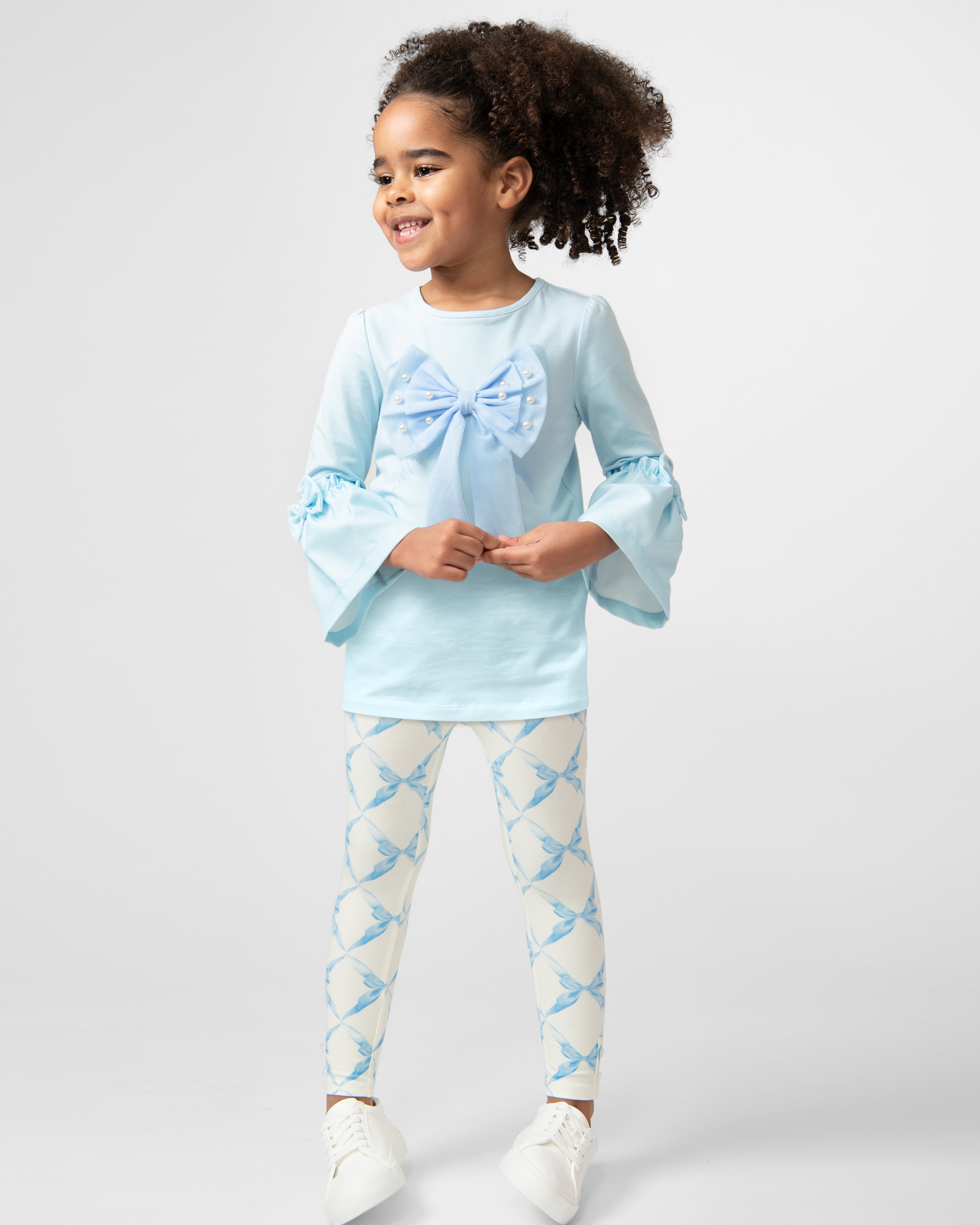 Sky Blue Top and Leggings Set with Bow Design (4-8 years)