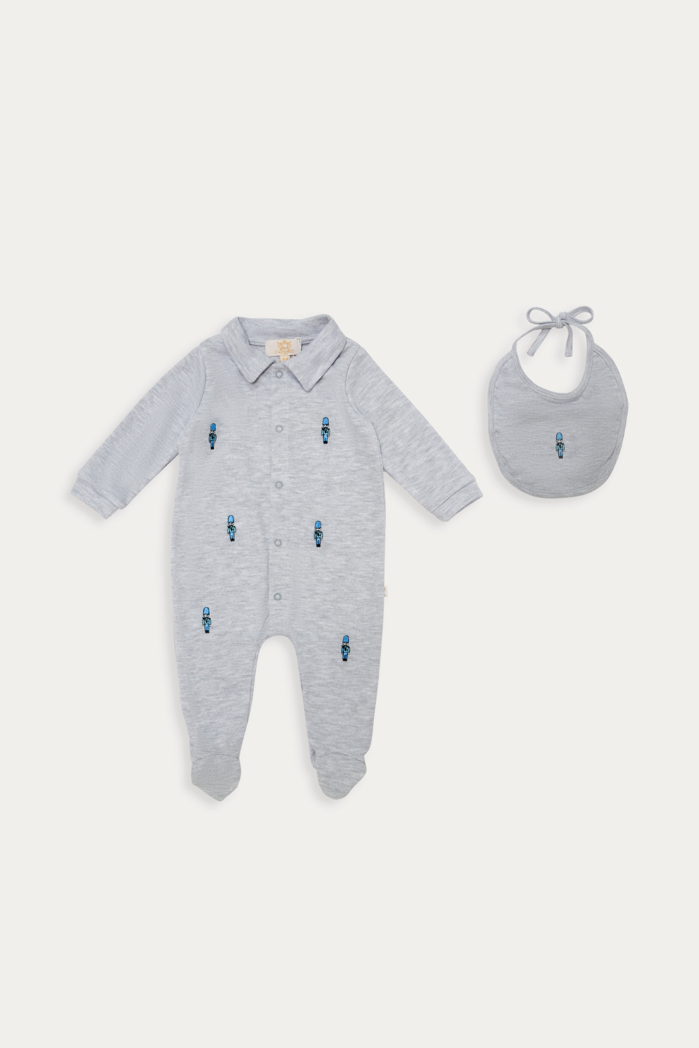 Grey Baby Romper with Embroidered Soldiers and Matching Bib