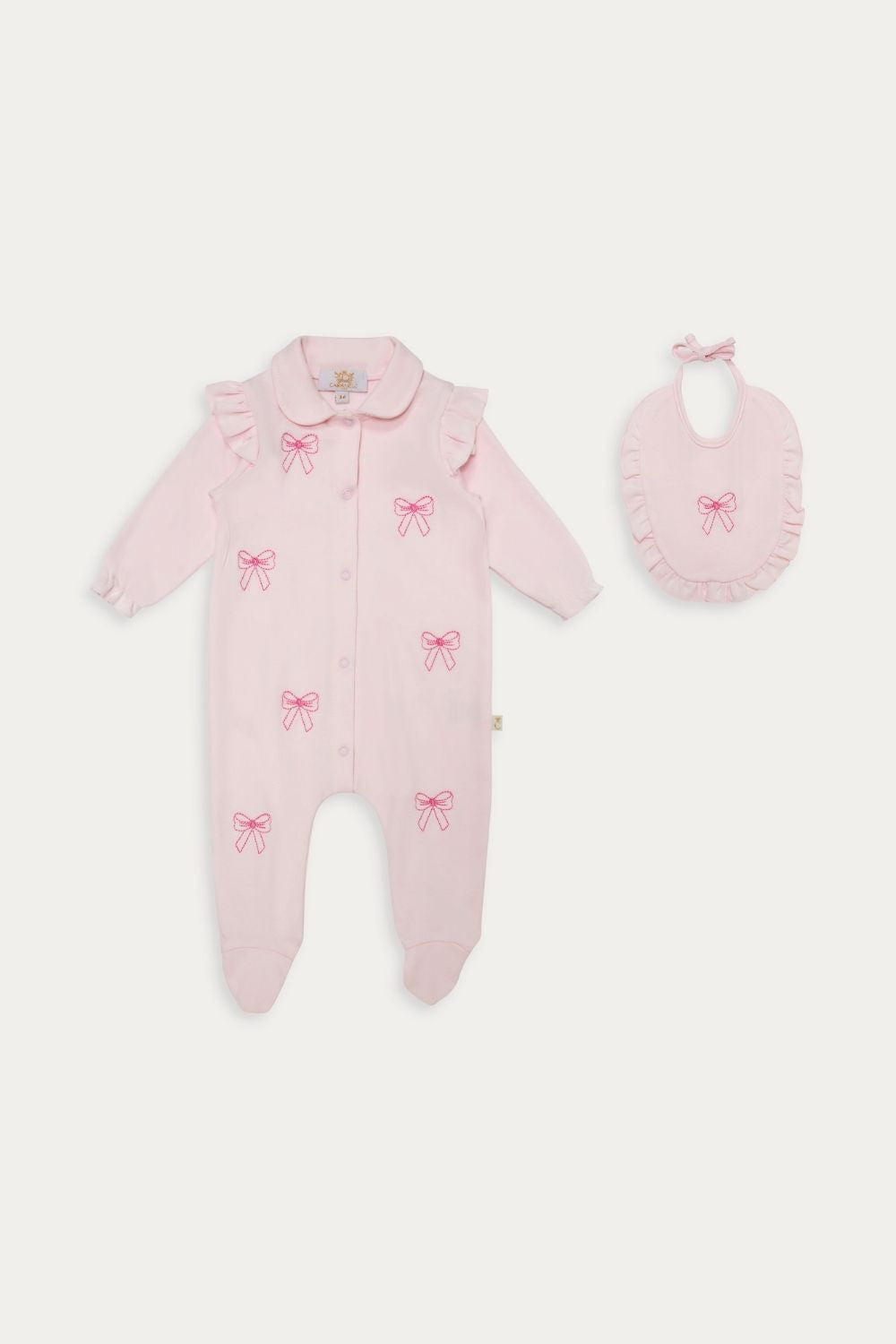 Pink Babygrow with Bow Embroidery and Matching Bib