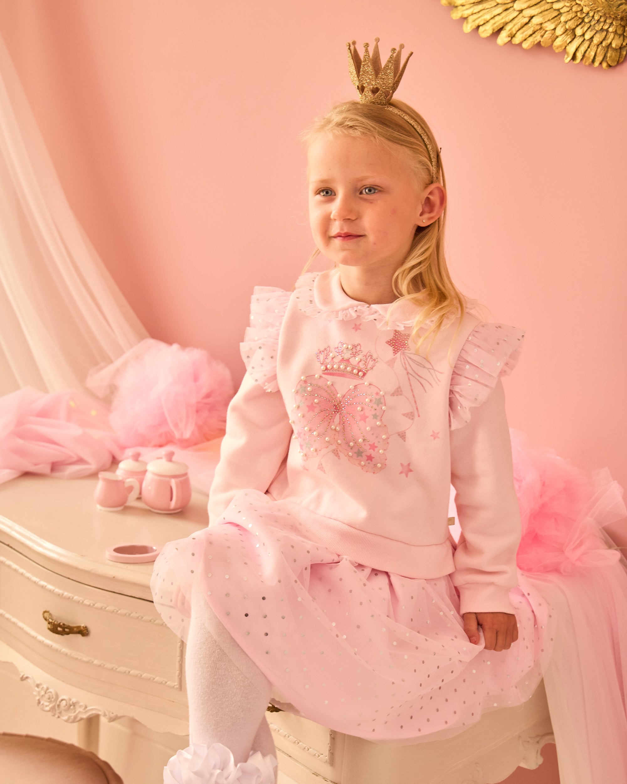 Pink Sparkle Wing & Crown Collar Dress