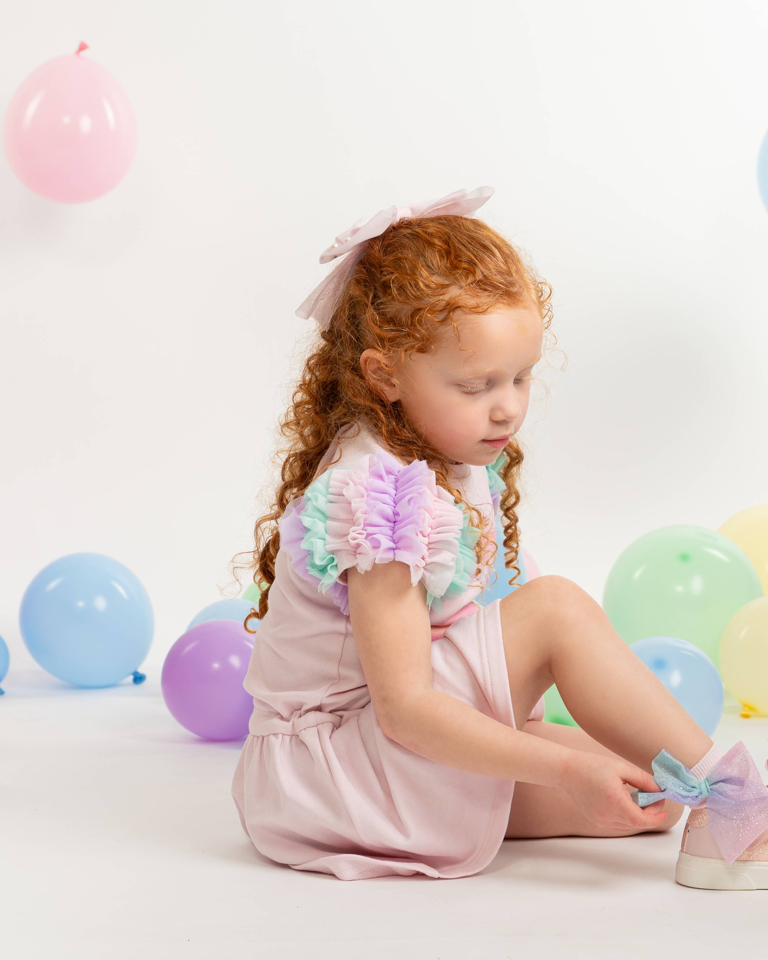 Rainbow Ruffle Sleeve Party Dress with Branded Straw Cup