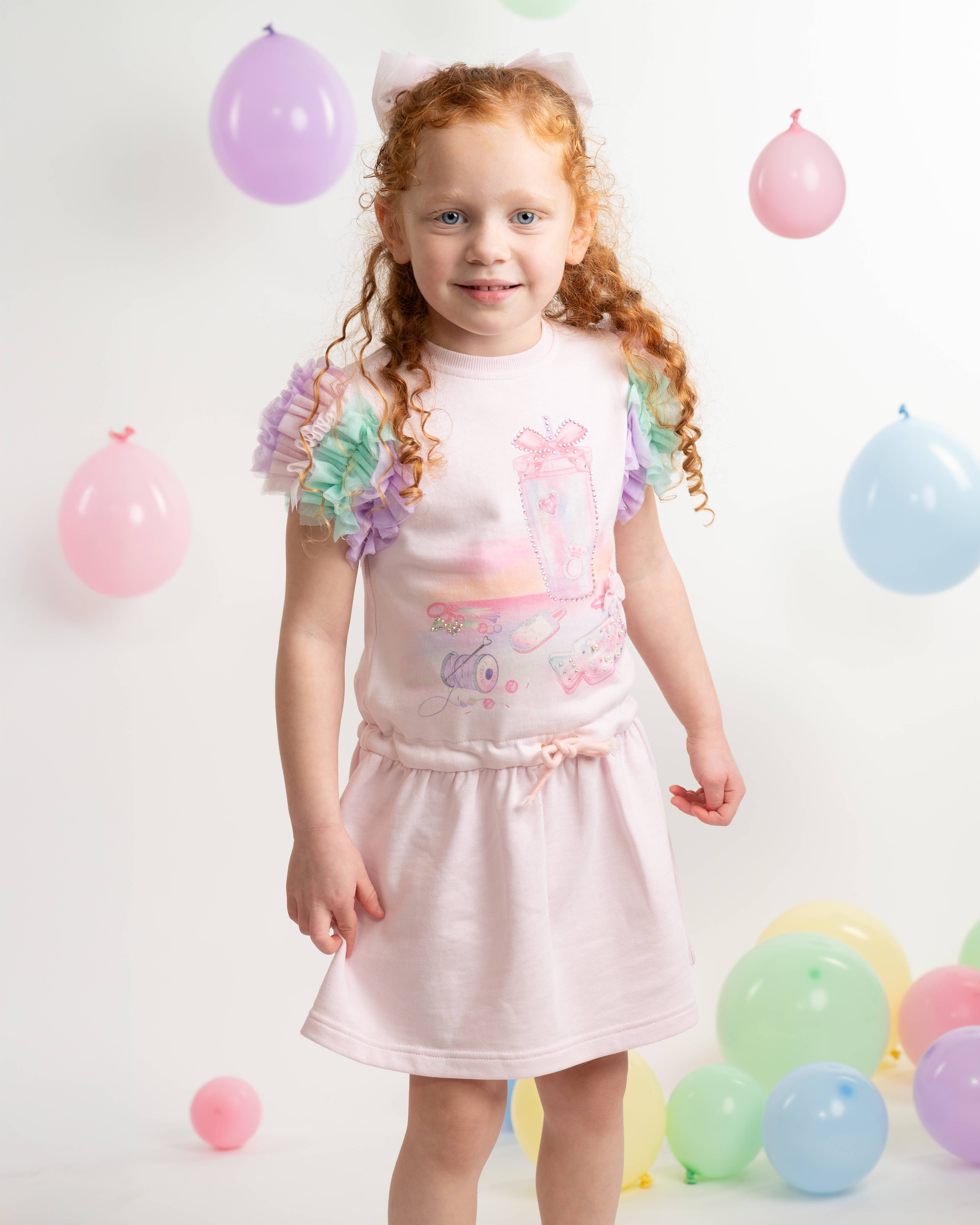Rainbow Ruffle Sleeve Party Dress with Branded Straw Cup