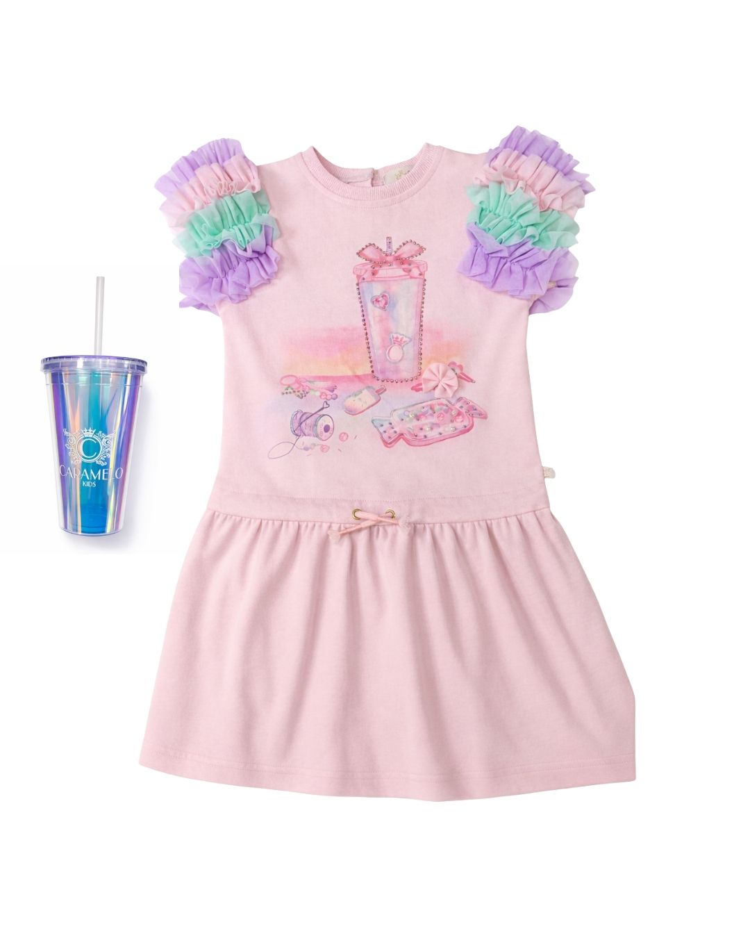 Rainbow Ruffle Sleeve Party Dress with Branded Straw Cup
