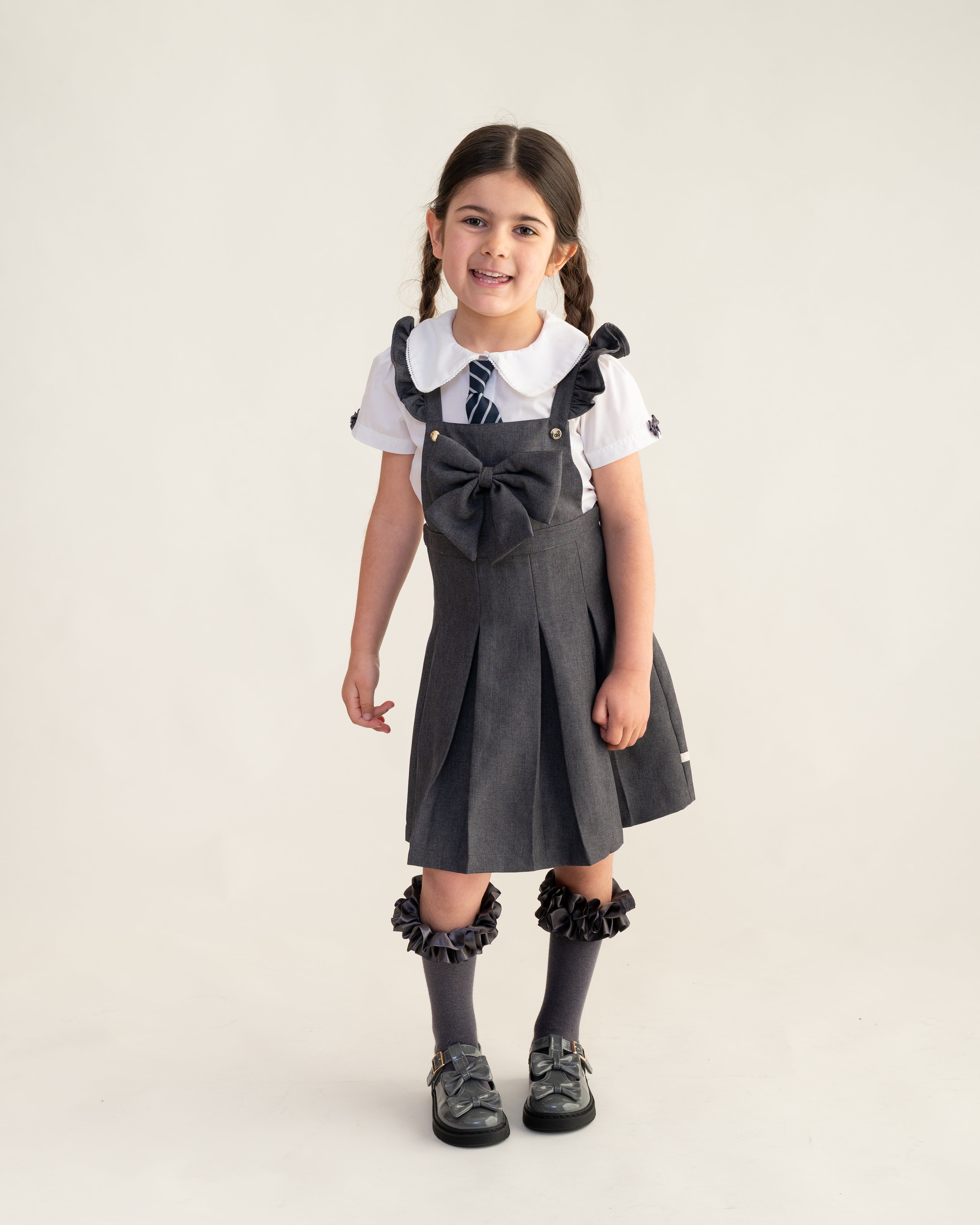 Grey Frill Pinafore School Dress with Bow