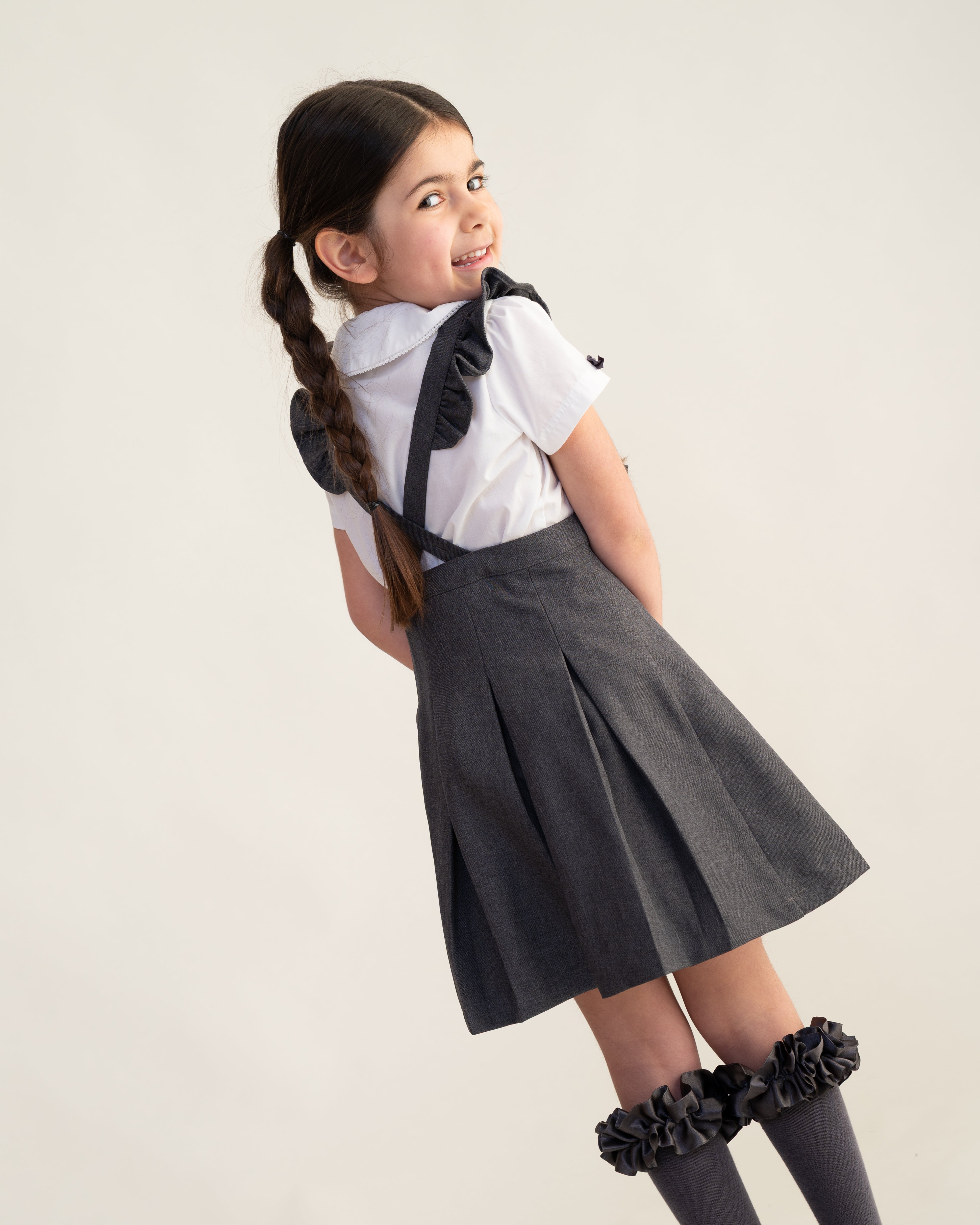 Grey Frill Pinafore School Dress with Bow