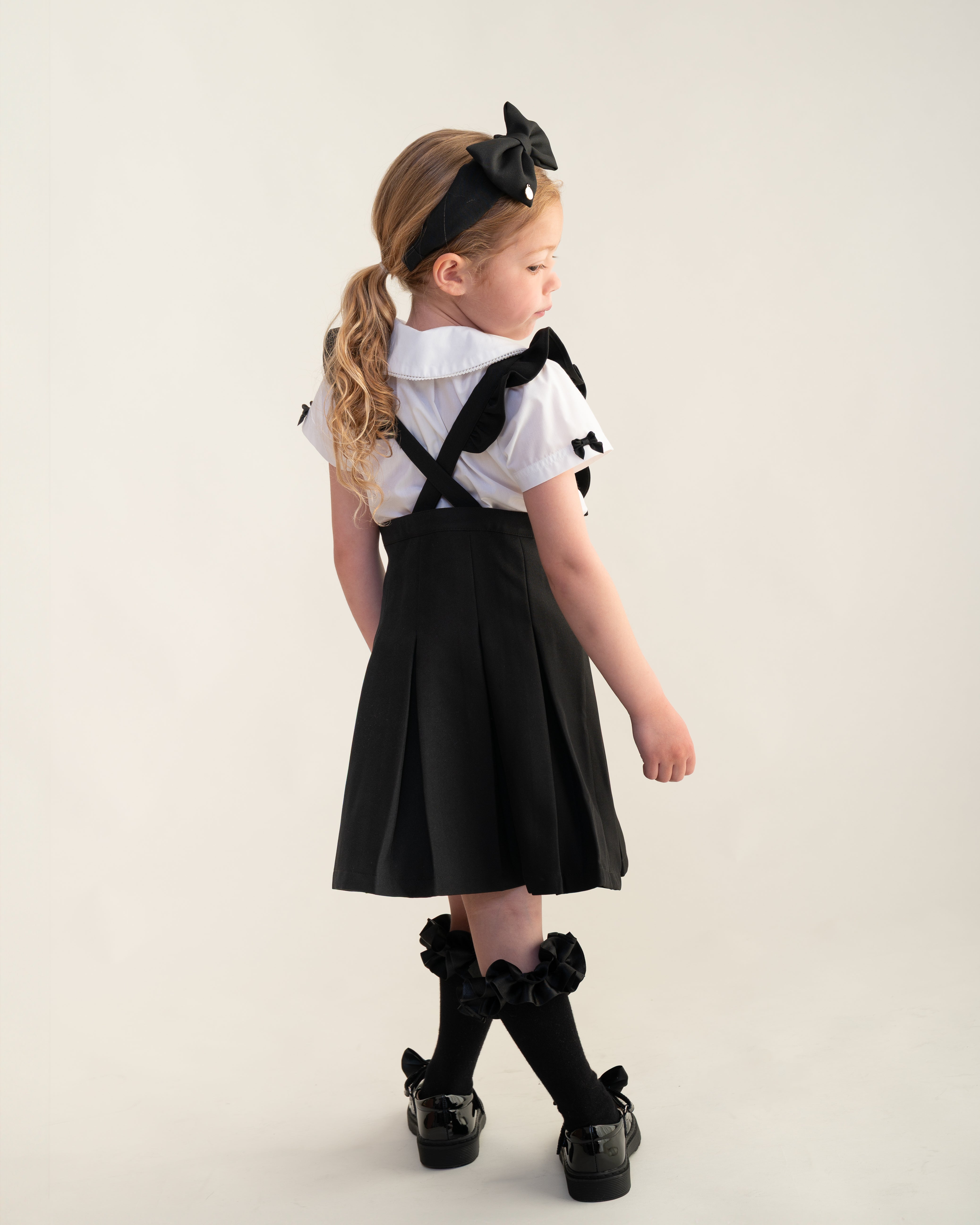 Black Frill Pinafore School Dress with Bow