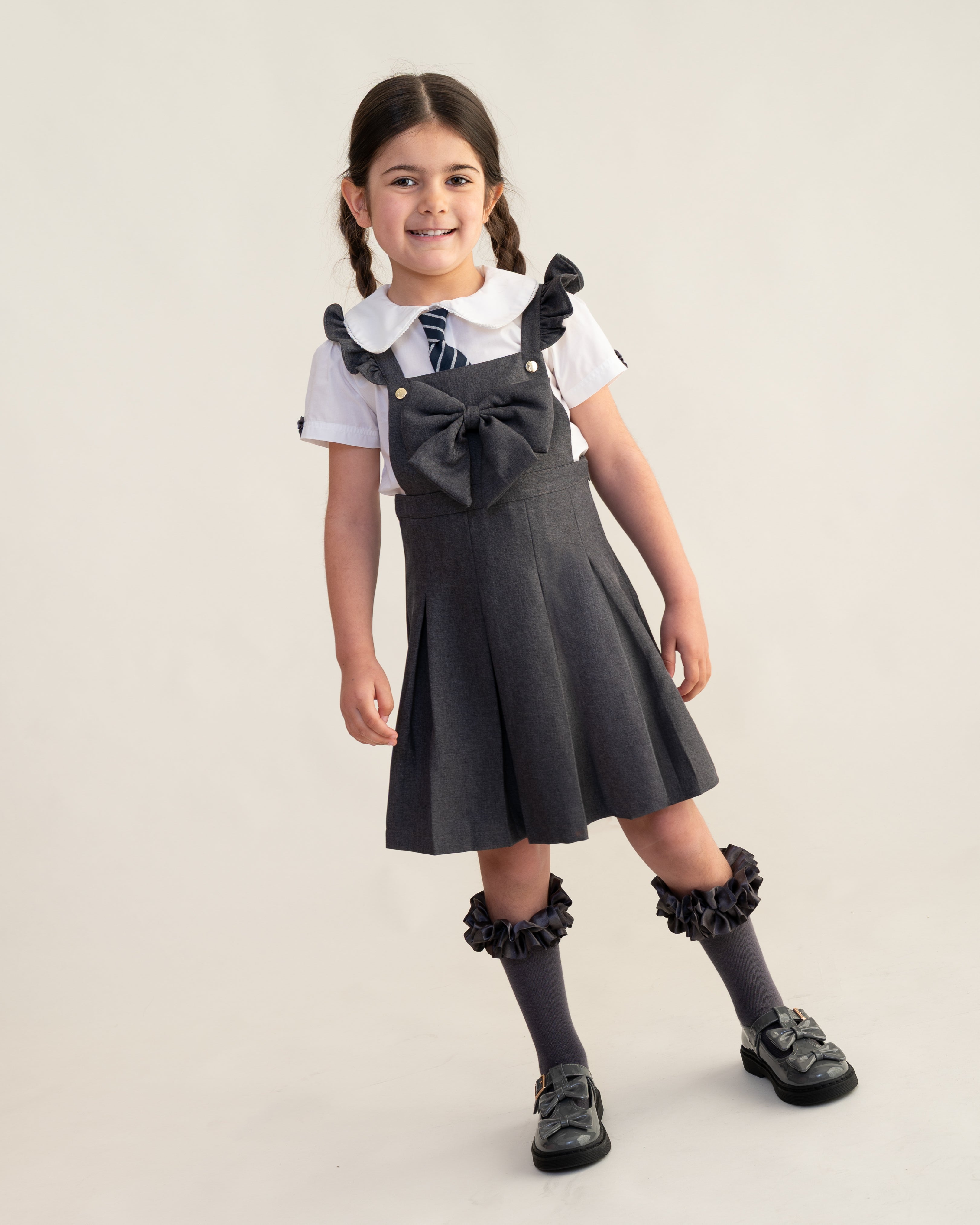 Grey Frill Pinafore School Dress with Bow