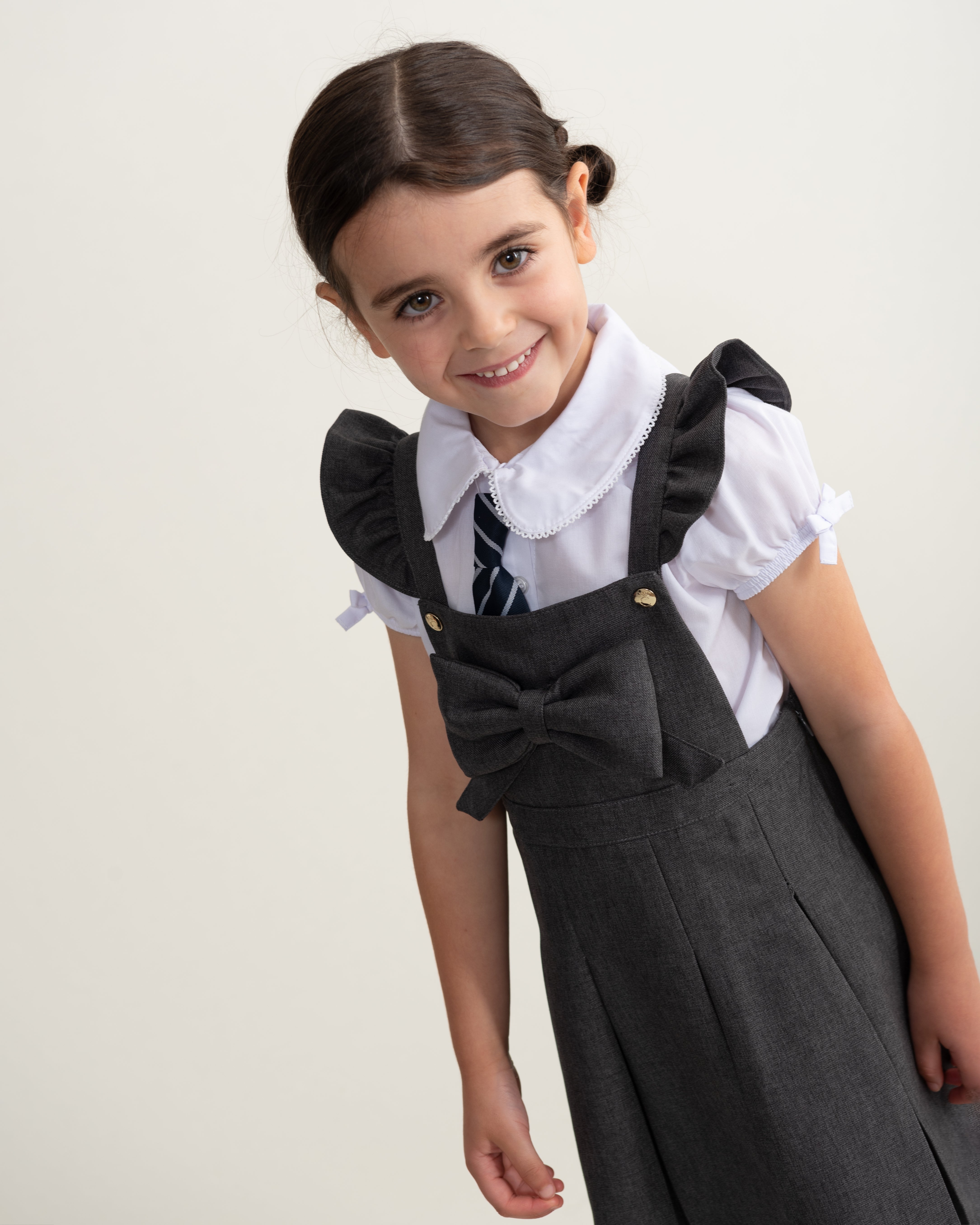 Grey Frill Pinafore School Dress with Bow