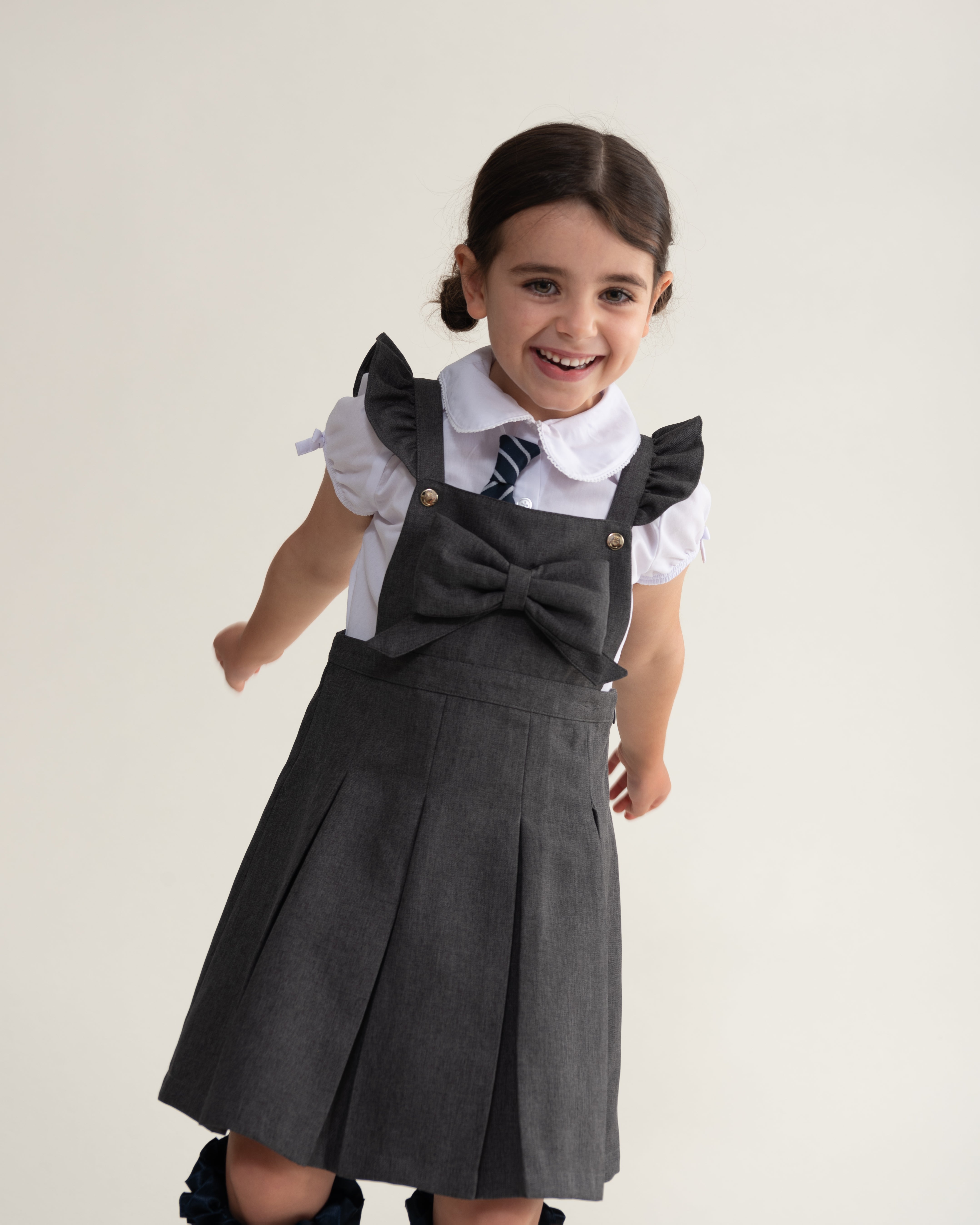Grey Frill Pinafore School Dress with Bow