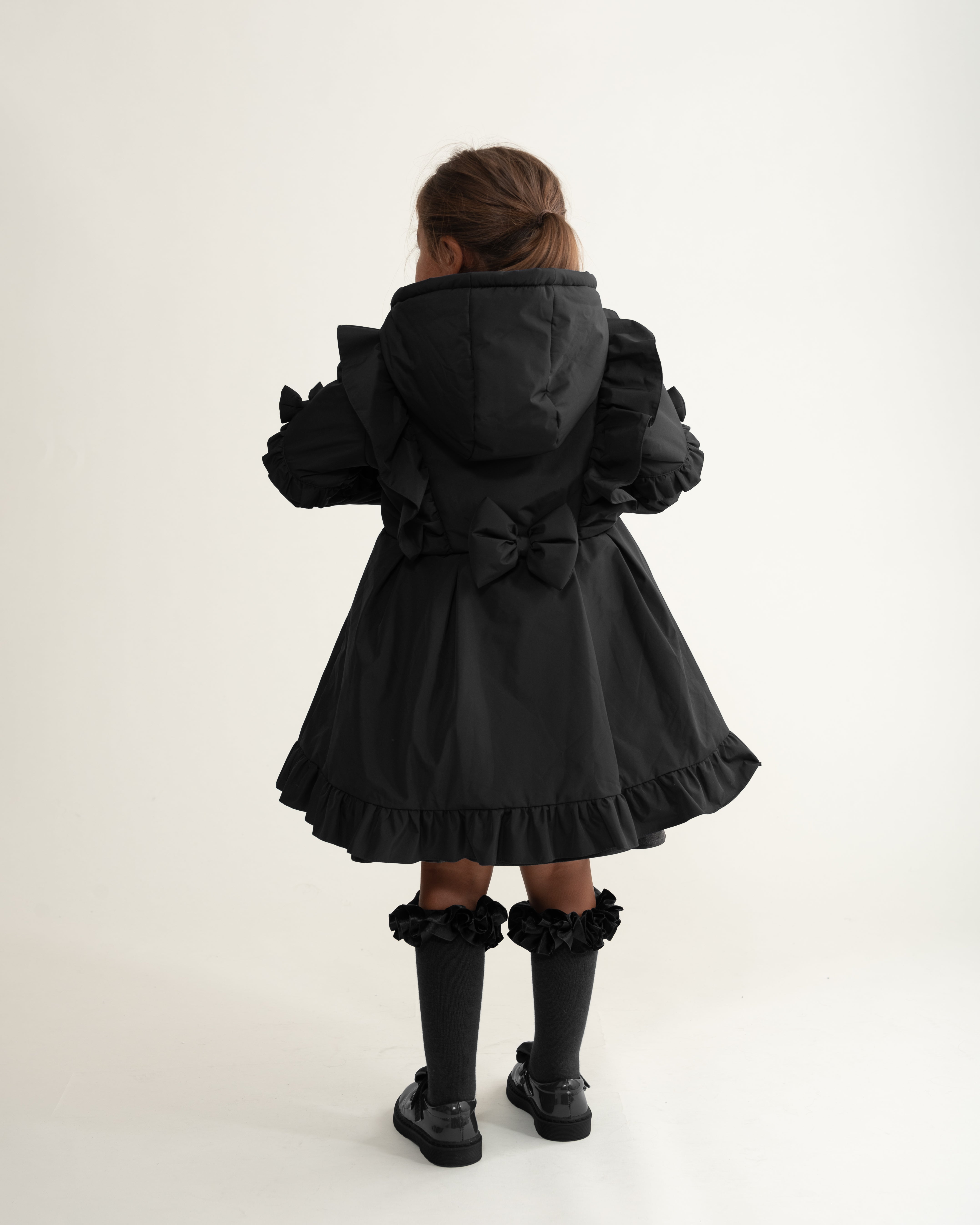 Black Hooded Skirted Coat with Frill Bow Detail
