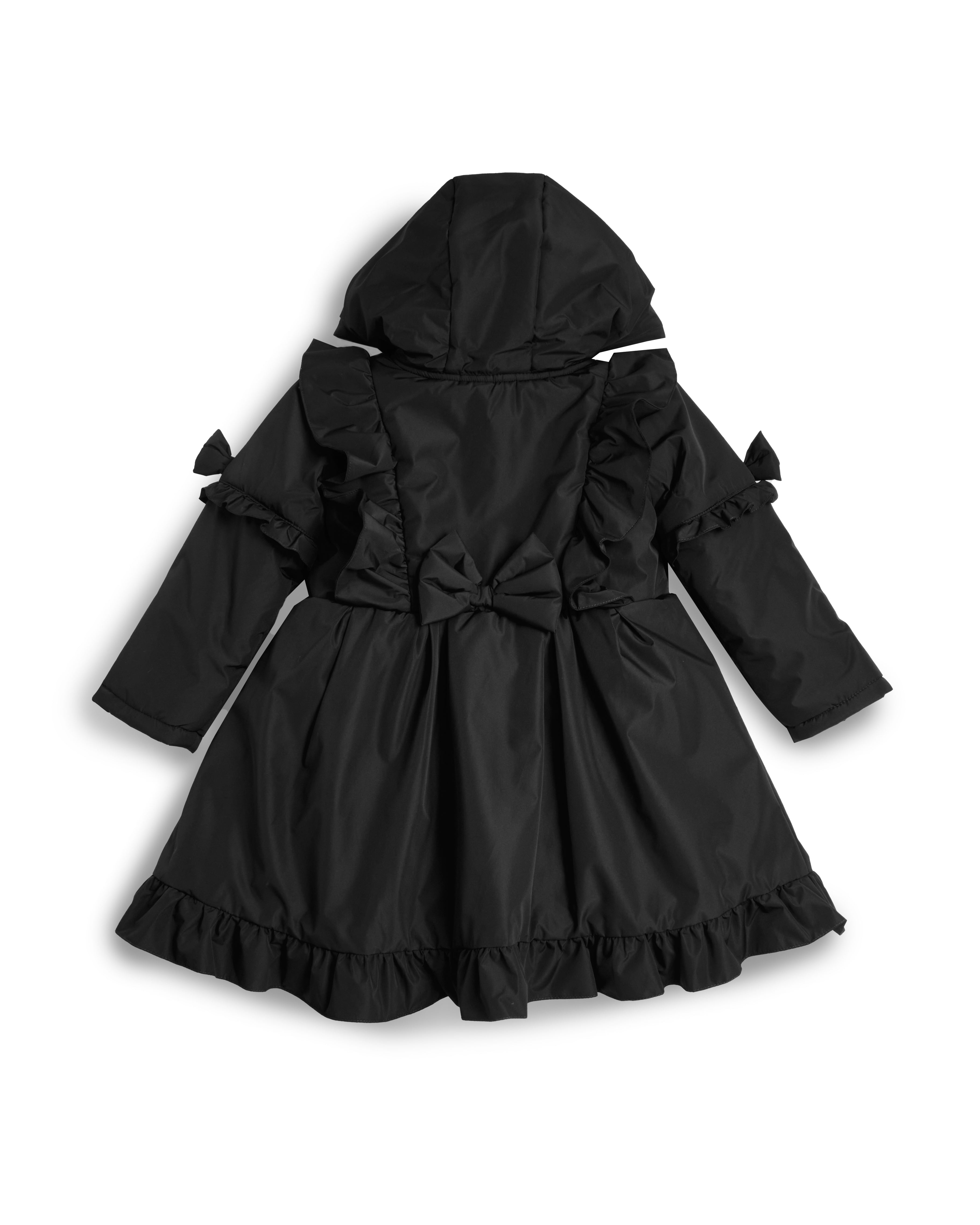 Black Hooded Skirted Coat with Frill Bow Detail