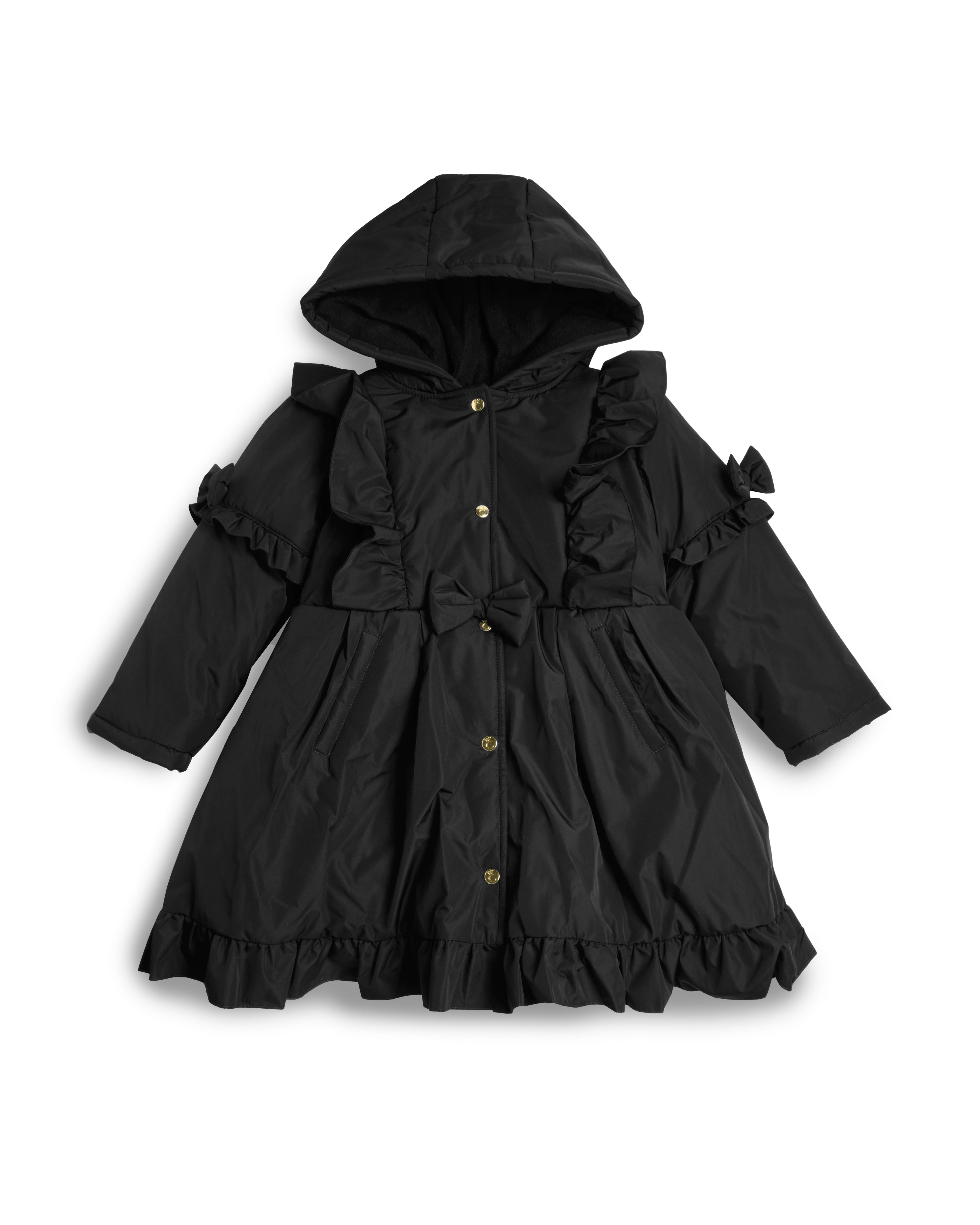 Black Hooded Skirted Coat with Frill Bow Detail