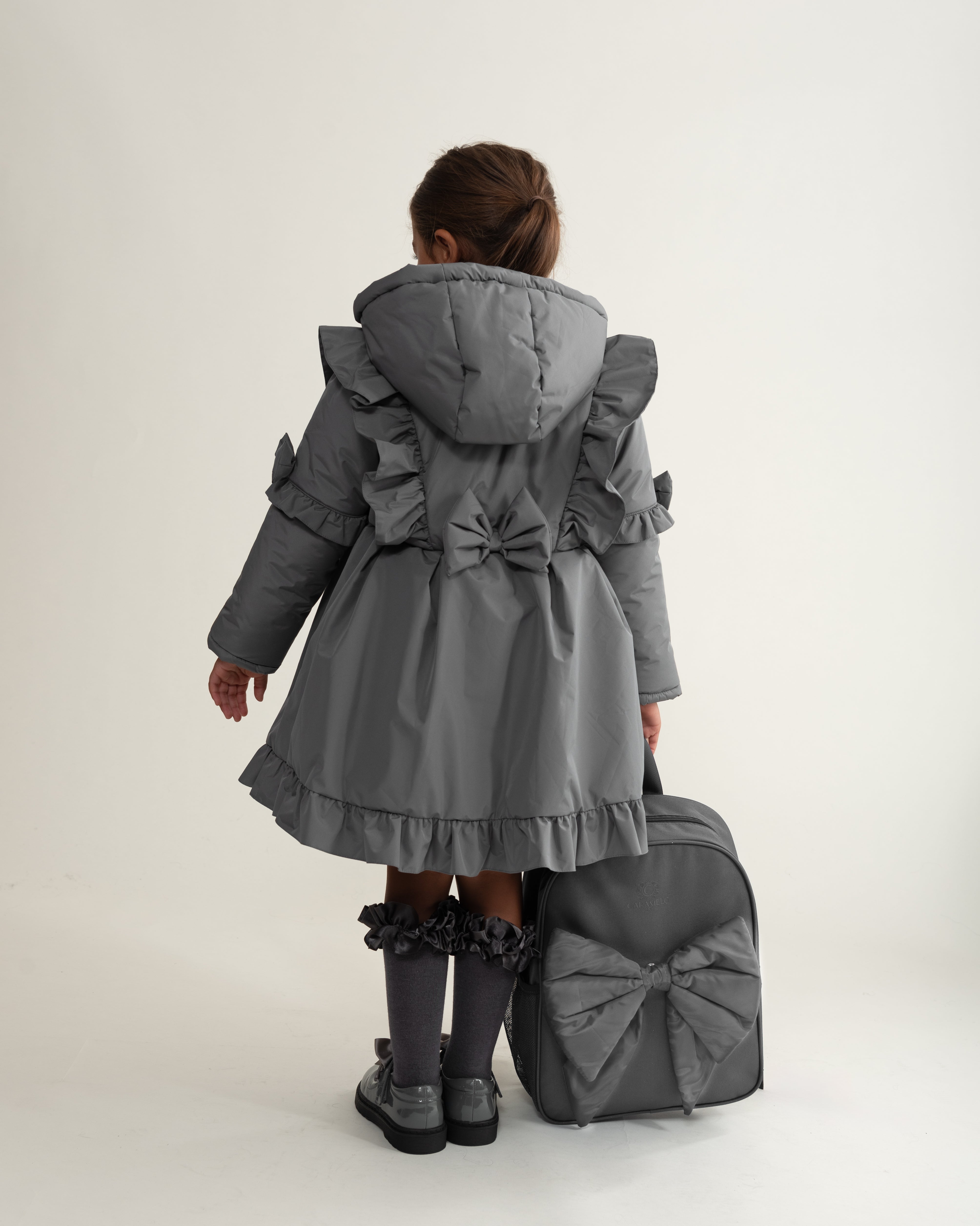 Grey Hooded Skirted Coat with Frill Bow Detail