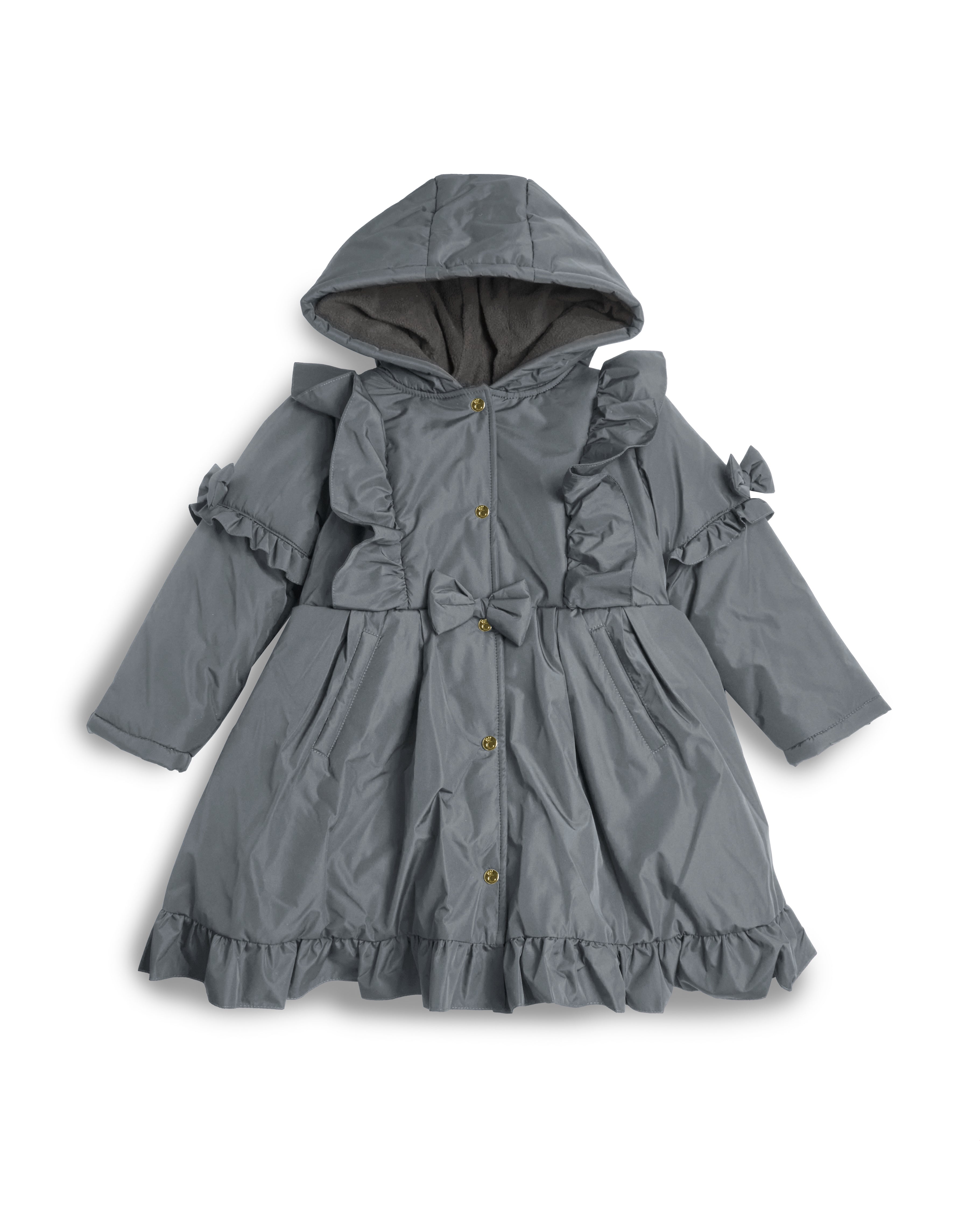 Grey Hooded Skirted Coat with Frill Bow Detail