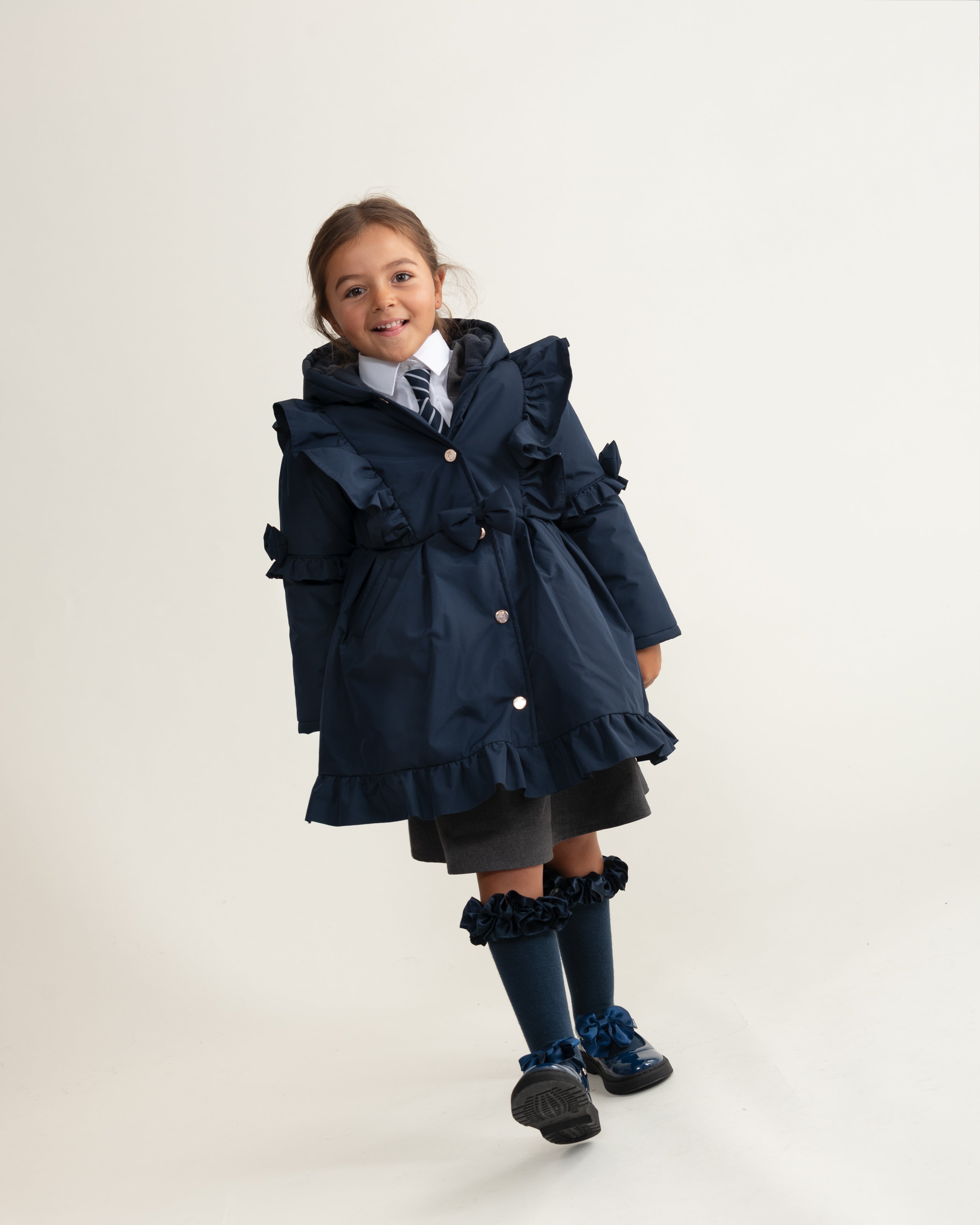 Navy Hooded Skirted Coat with Frill Bow Detail