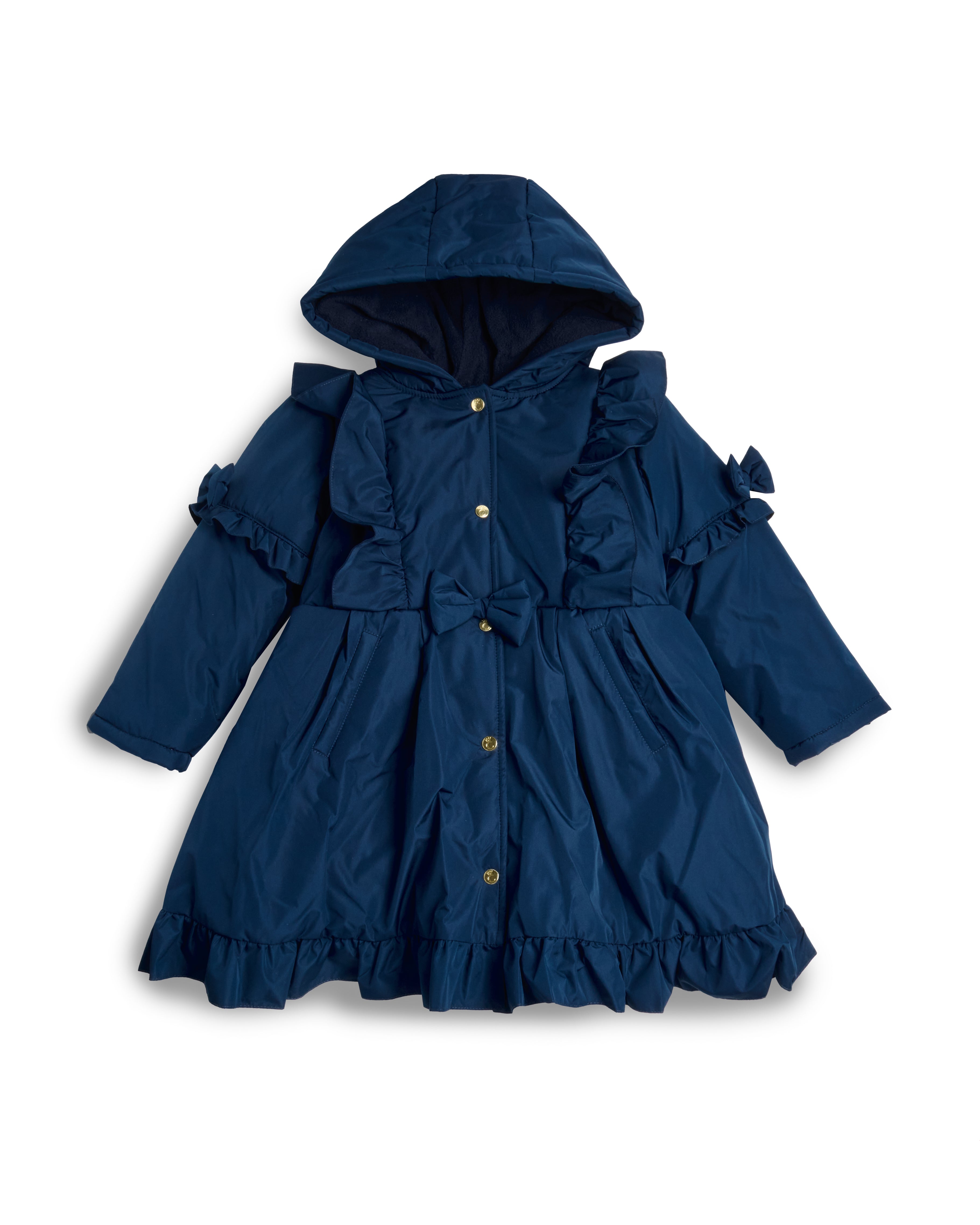 Navy Hooded Skirted Coat with Frill Bow Detail