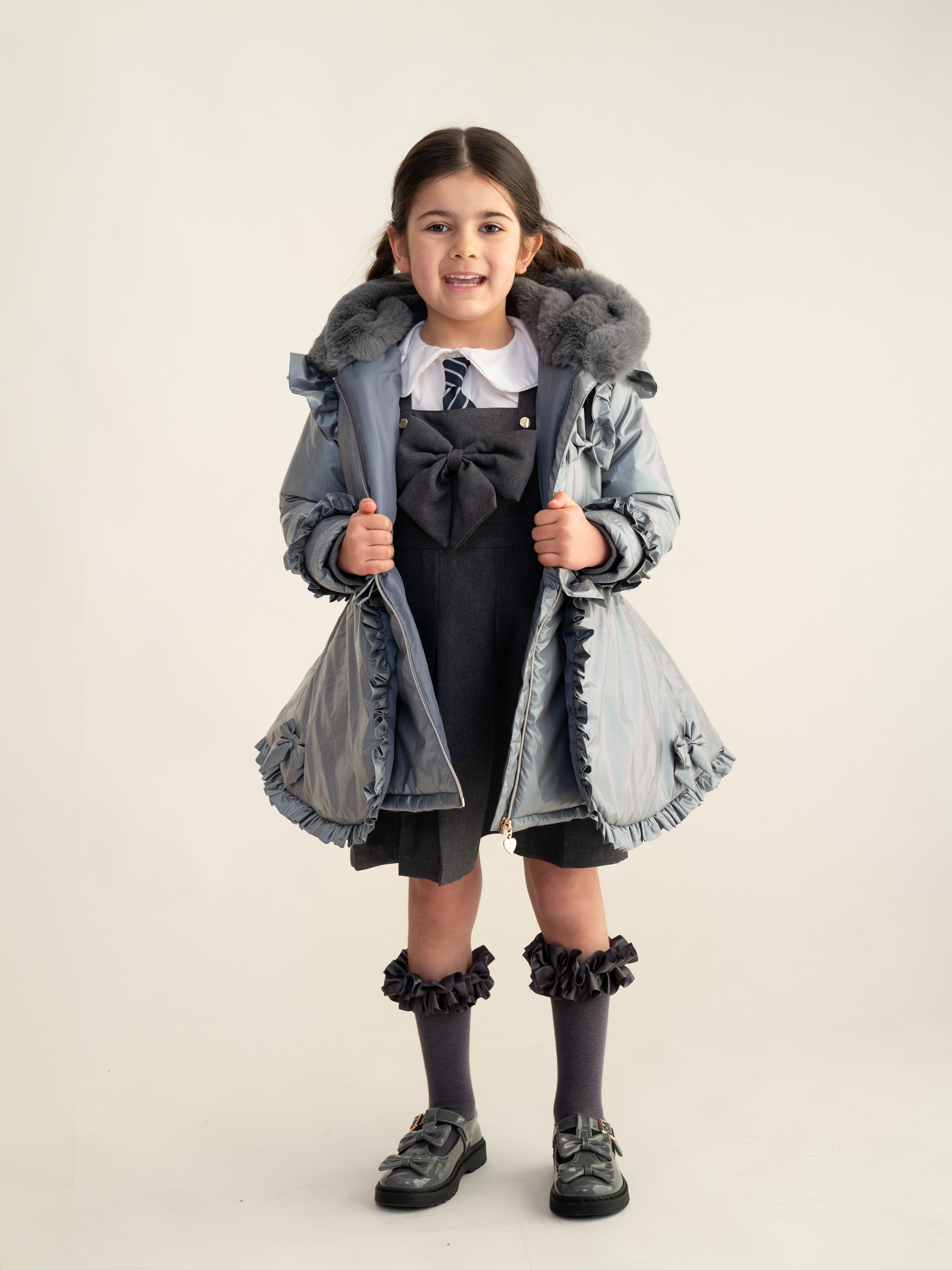 Grey Fur Trim Hood Peplum Coat