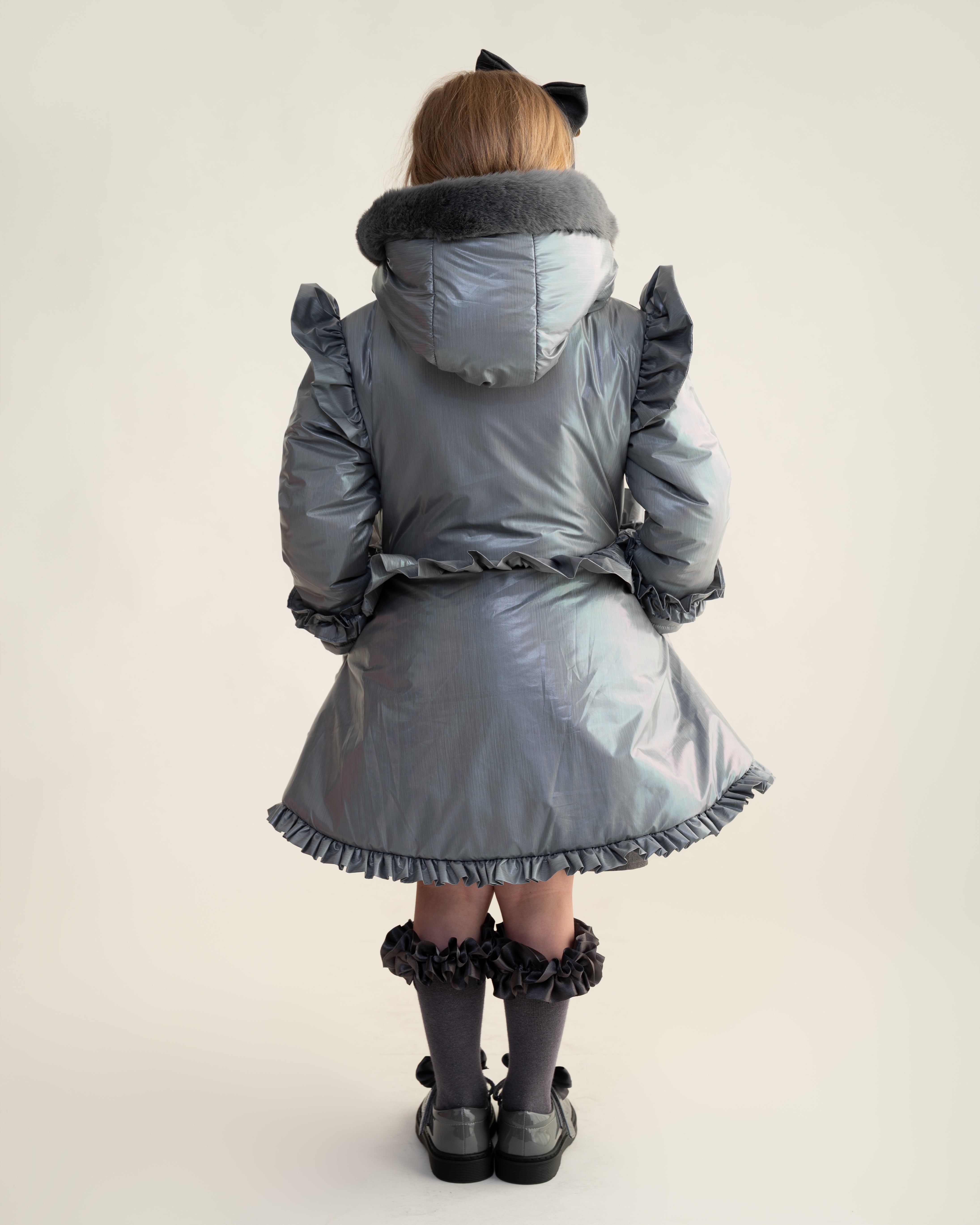 Grey Fur Trim Hood Peplum Coat