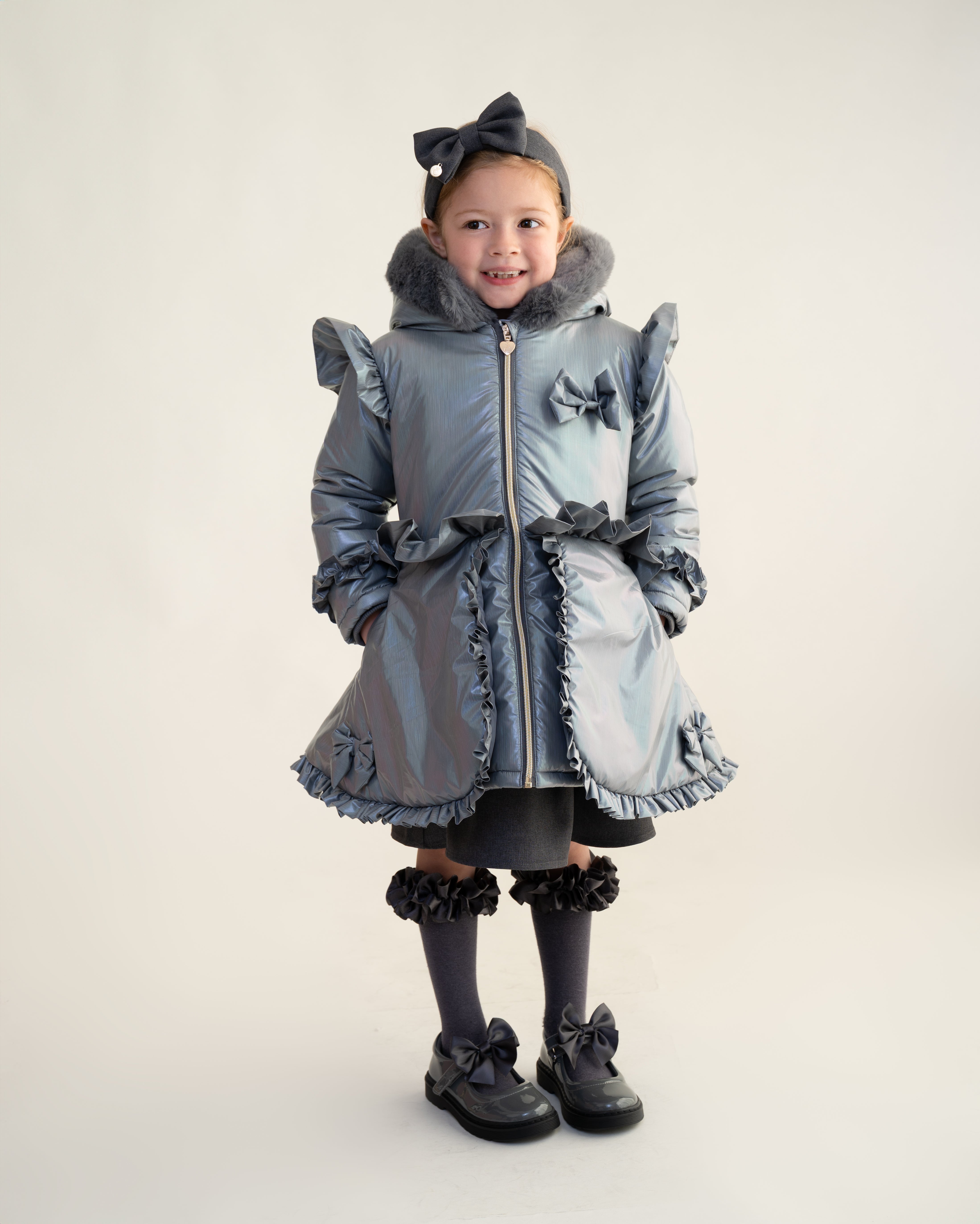 Grey Fur Trim Hood Peplum Coat