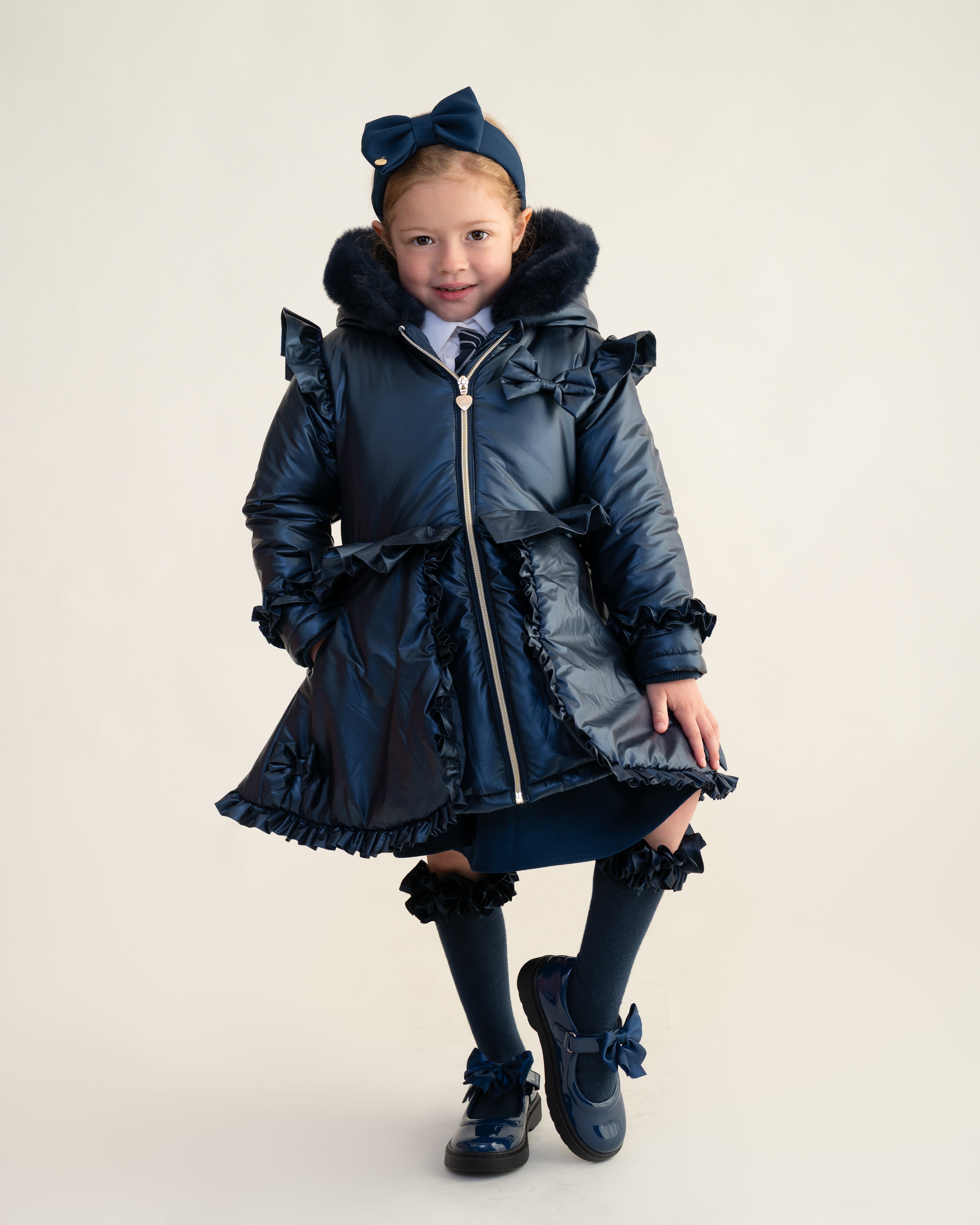 Navy Fur Trim Hood Peplum Coat