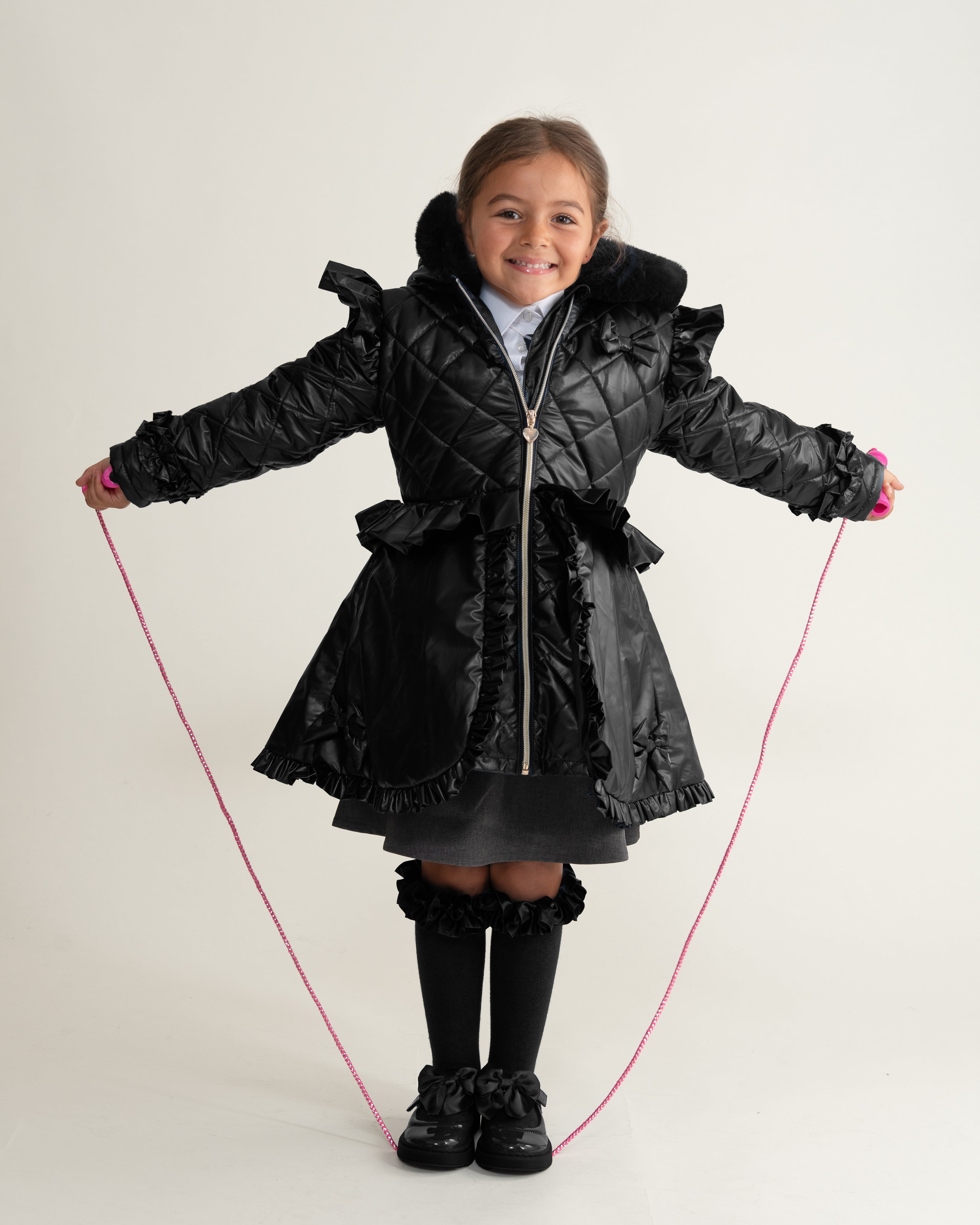 Black Fur Trim Hood Peplum Coat
